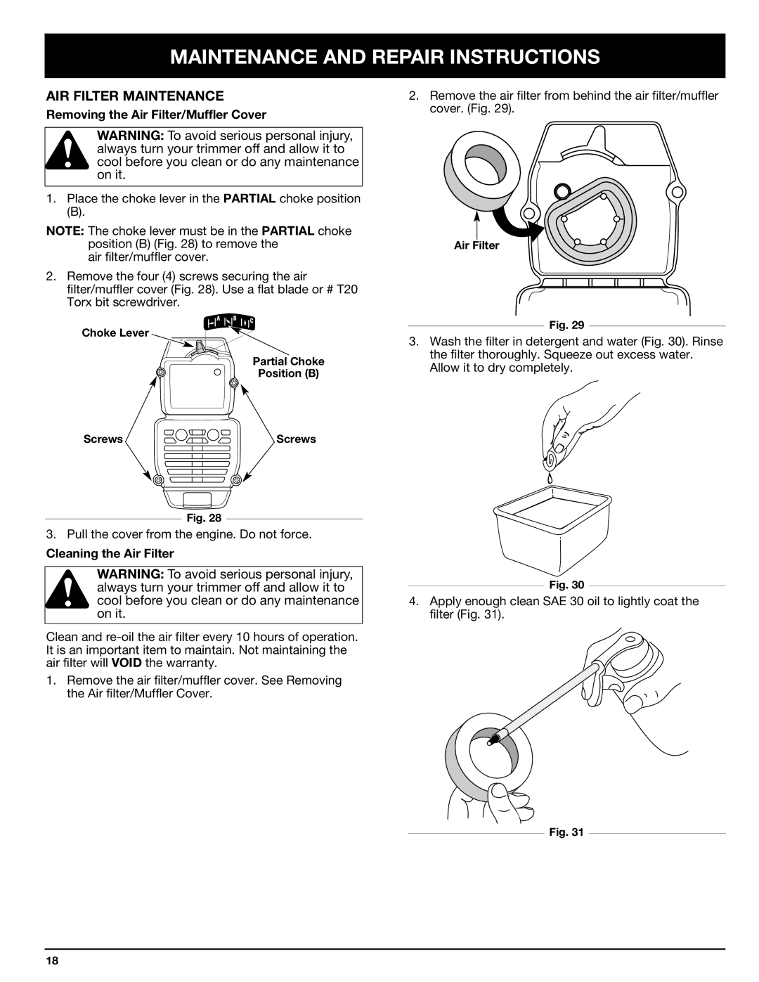 Ryobi 768r manual AIR Filter Maintenance, Removing the Air Filter/Muffler Cover, Cleaning the Air Filter 