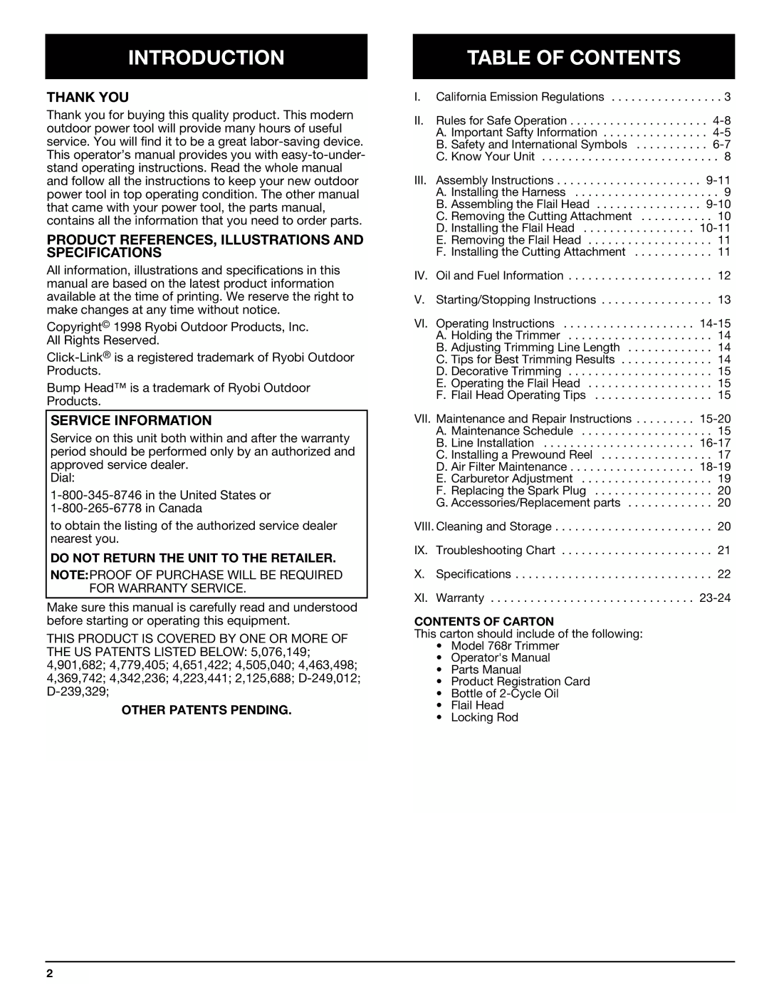 Ryobi 768r manual Introduction, Table of Contents 