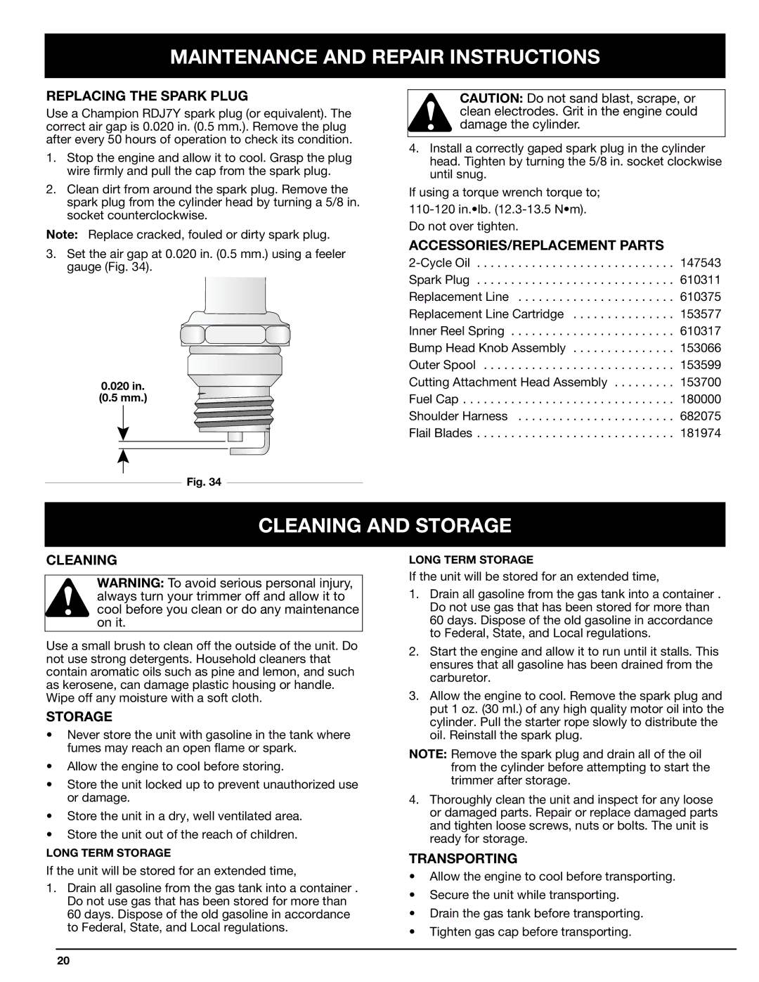 Ryobi 768r manual Cleaning and Storage 