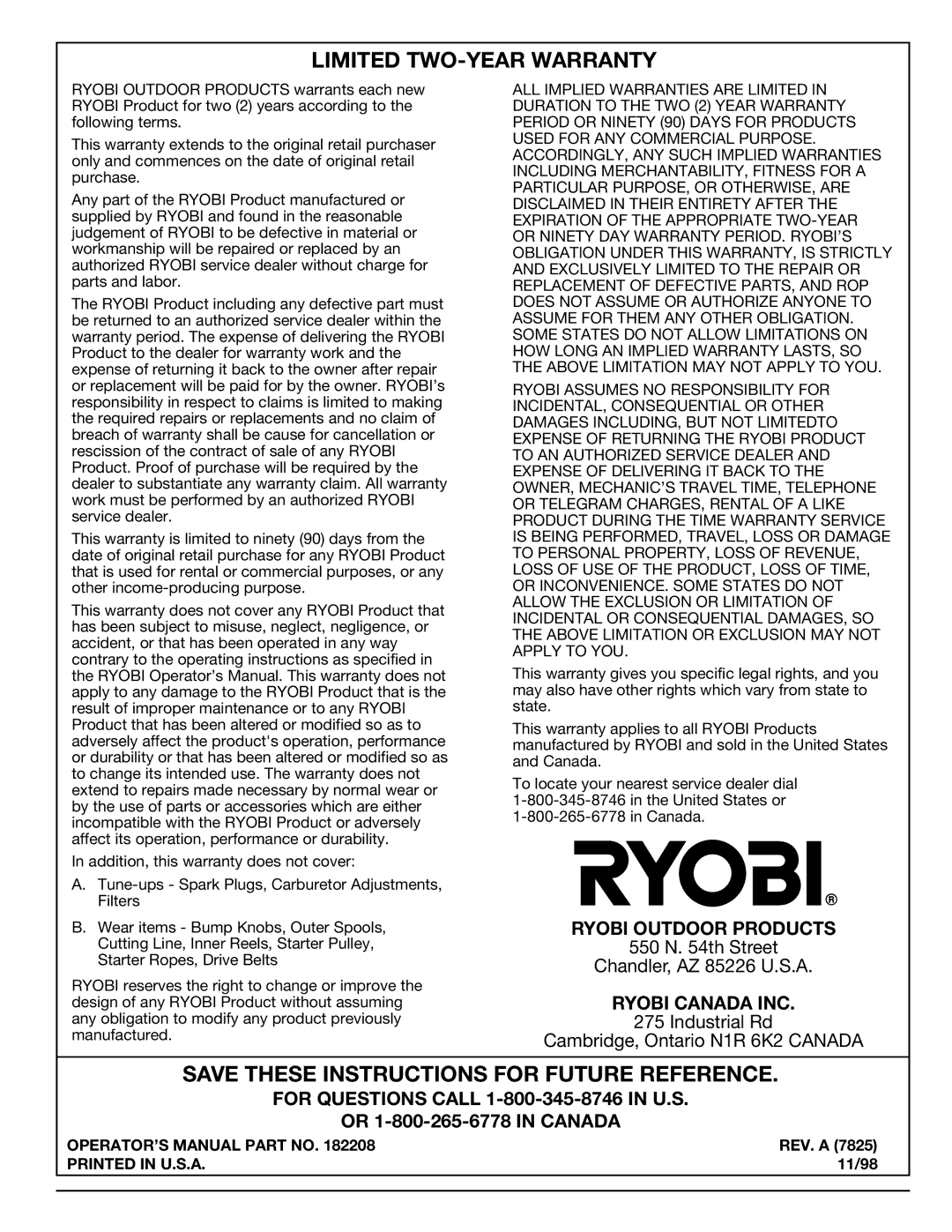 Ryobi 768r manual REV. a, 11/98 