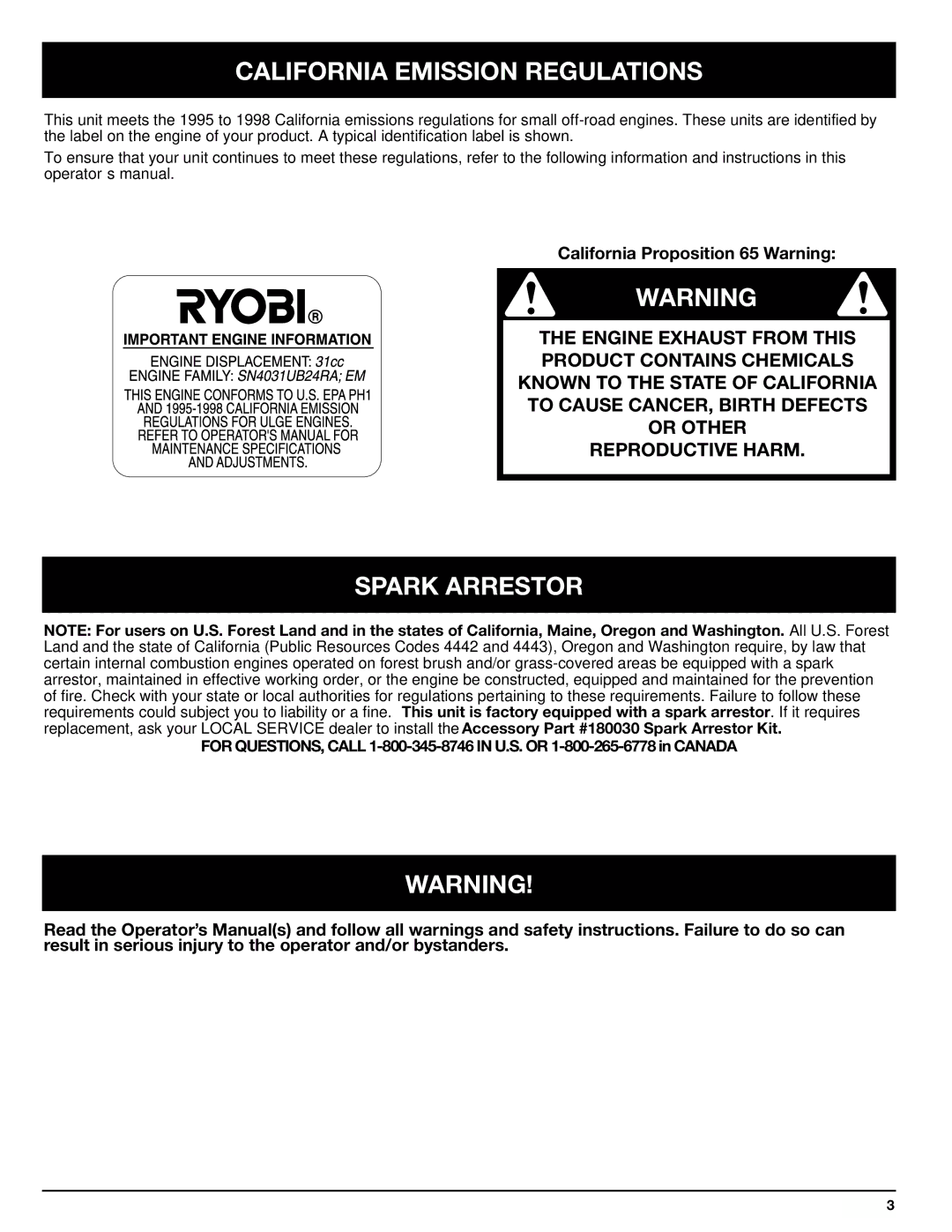 Ryobi 768r manual California Emission Regulations, Spark Arrestor 