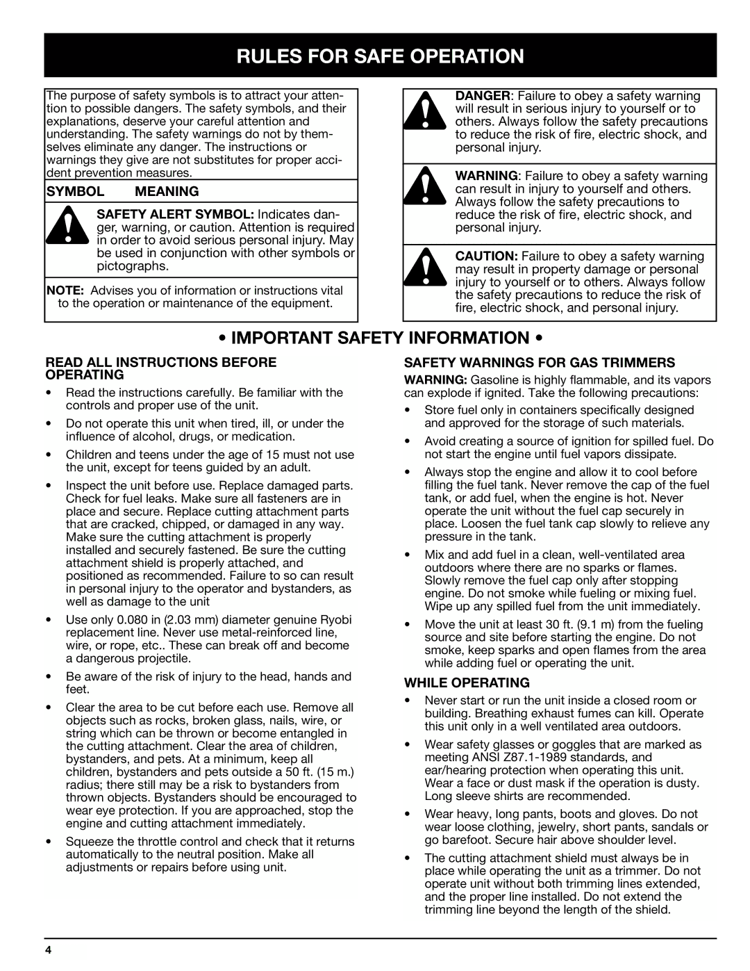 Ryobi 768r manual Rules for Safe Operation, Symbol Meaning, Read ALL Instructions Before Operating, While Operating 