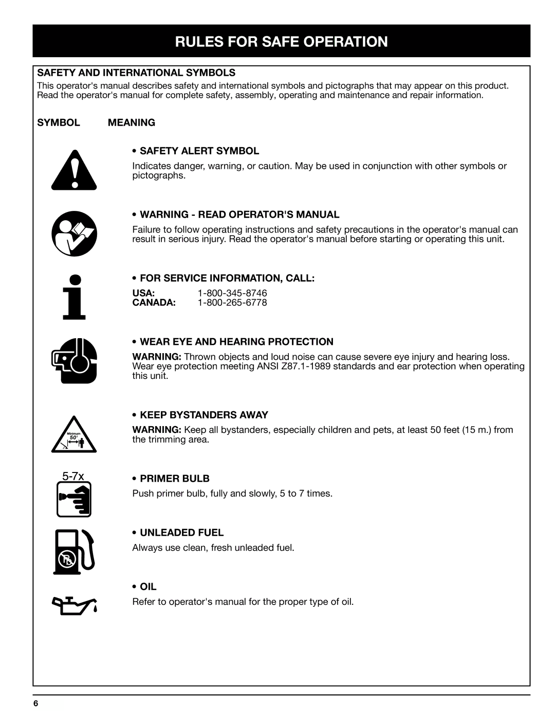 Ryobi 768r manual Safety and International Symbols, Symbol Meaning Safety Alert Symbol, For Service INFORMATION, Call, Oil 