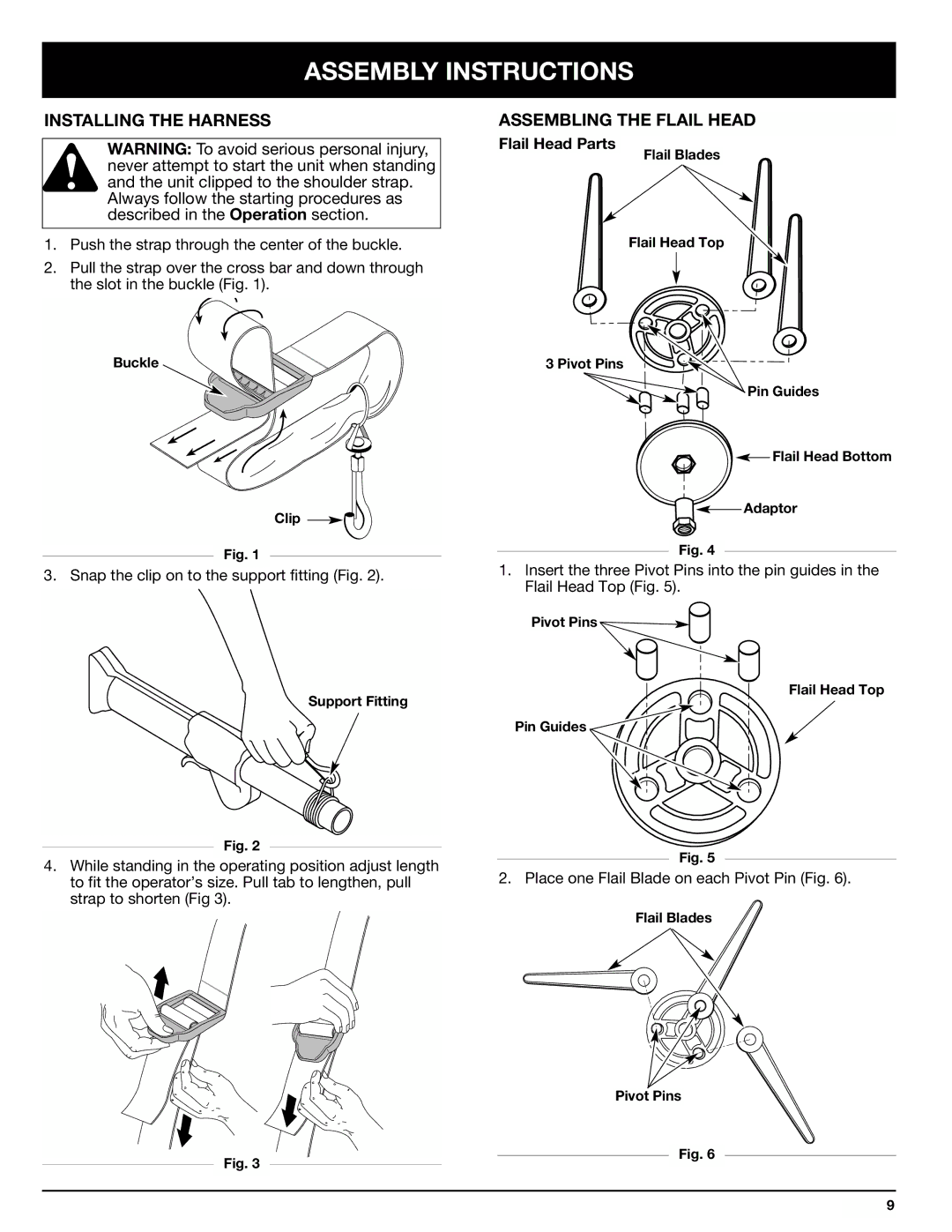 Ryobi 768r manual Assembly Instructions, Installing the Harness, Assembling the Flail Head, Flail Head Parts 