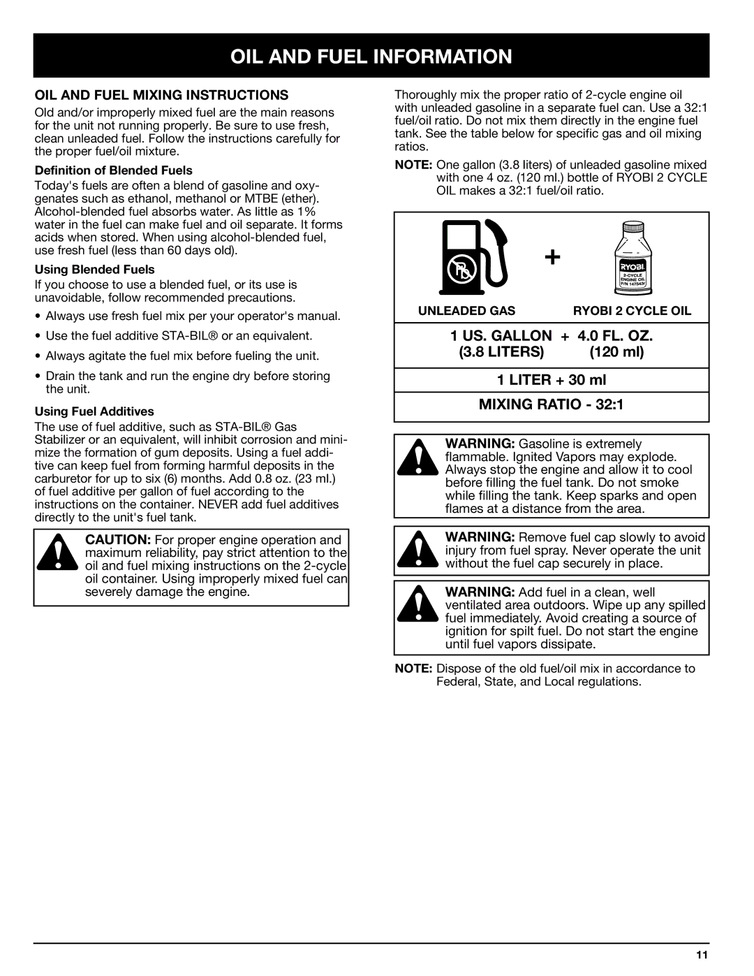 Ryobi 770rEB OIL and Fuel Information, OIL and Fuel Mixing Instructions, Definition of Blended Fuels, Using Blended Fuels 