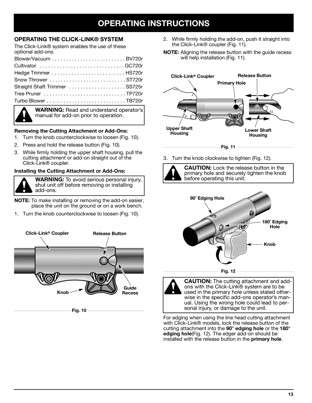 Ryobi 770rEB manual Operating Instructions, Operating the CLICK-LINK System, Removing the Cutting Attachment or Add-Ons 