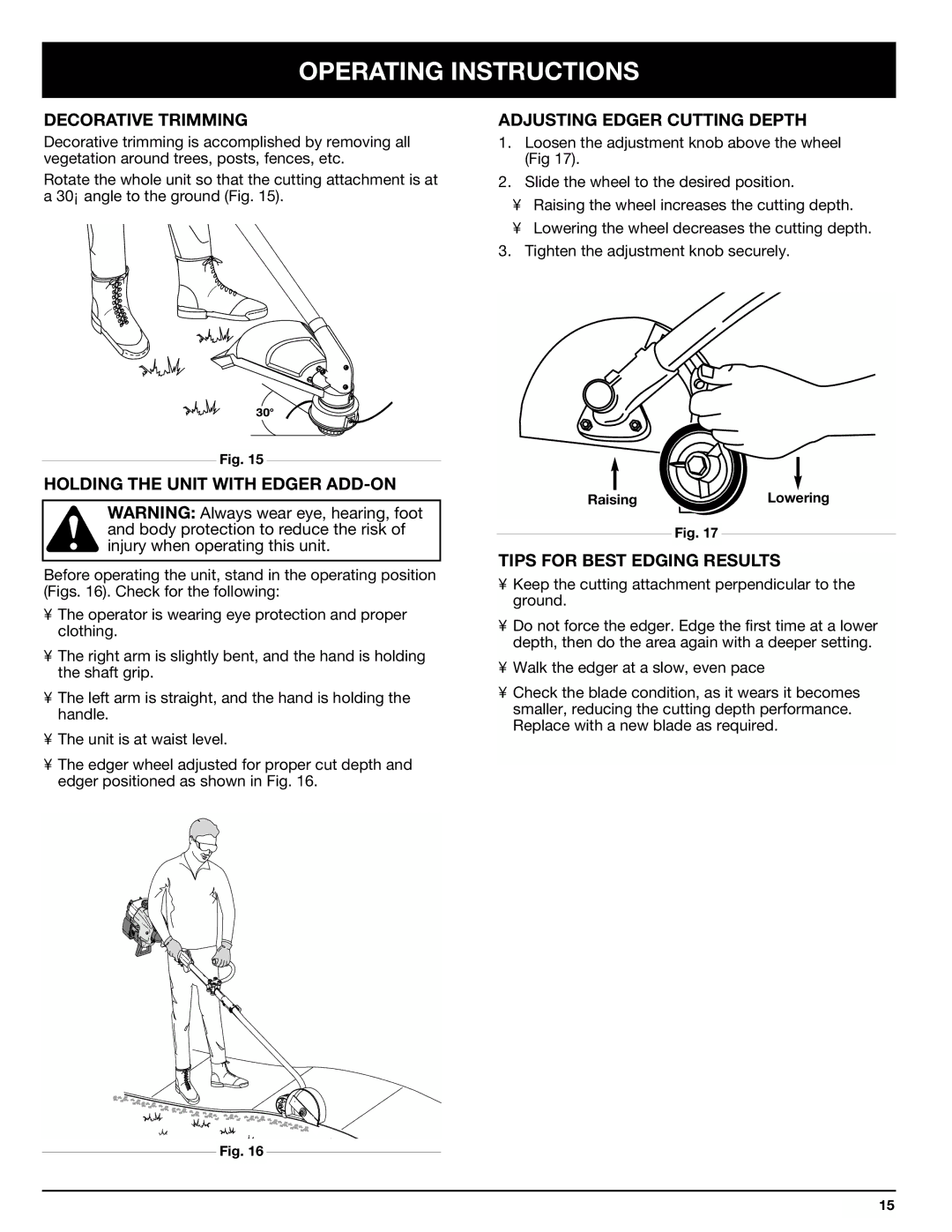 Ryobi 770rEB manual Decorative Trimming, Adjusting Edger Cutting Depth, Holding the Unit with Edger ADD-ON 