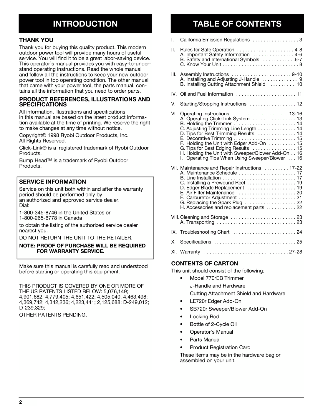 Ryobi 770rEB manual Introduction, Table of Contents 