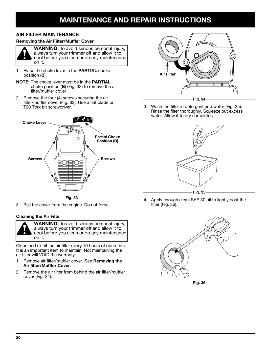 Ryobi 770rEB manual AIR Filter Maintenance, Removing the Air Filter/Muffler Cover, Cleaning the Air Filter 