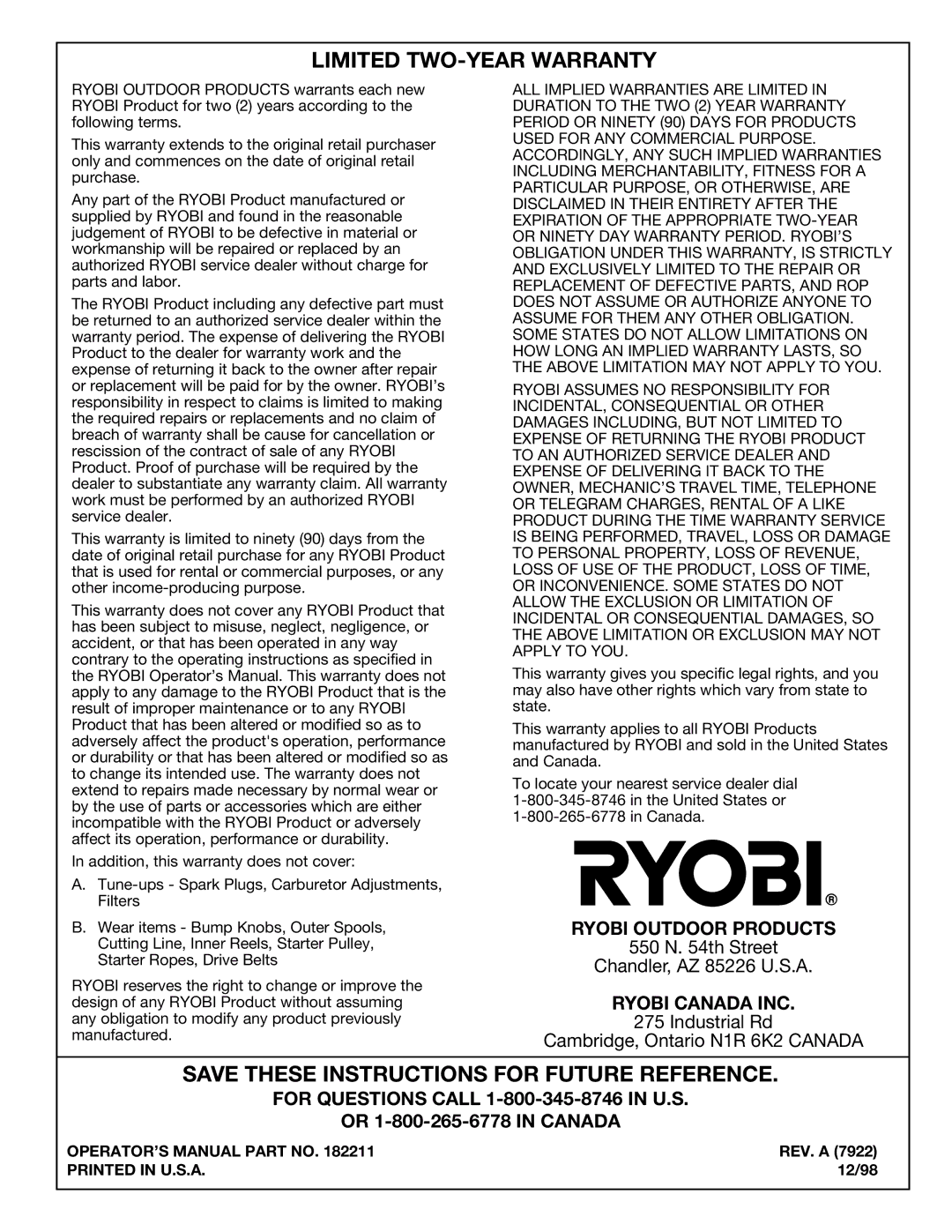 Ryobi 770rEB manual REV. a, 12/98 