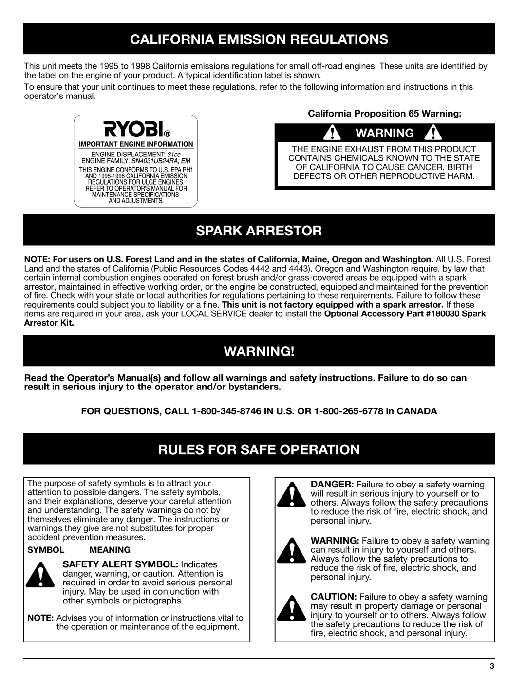 Ryobi 770rEB manual California Emission Regulations, Spark Arrestor, Rules for Safe Operation, Arrestor Kit 