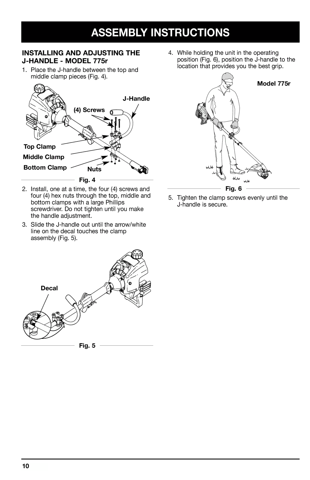 Ryobi 767r Installing and Adjusting the J-HANDLE Model 775r, Handle Screws Top Clamp Middle Clamp Bottom Clamp, Decal 