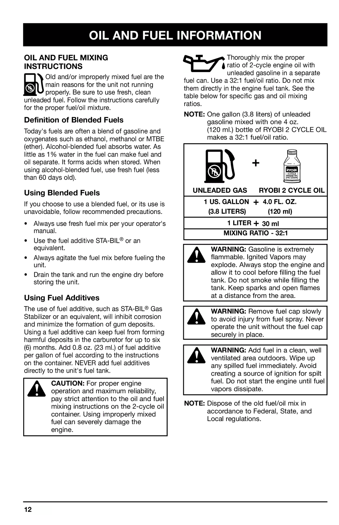 Ryobi 775r OIL and Fuel Information, OIL and Fuel Mixing Instructions, Definition of Blended Fuels, Using Blended Fuels 