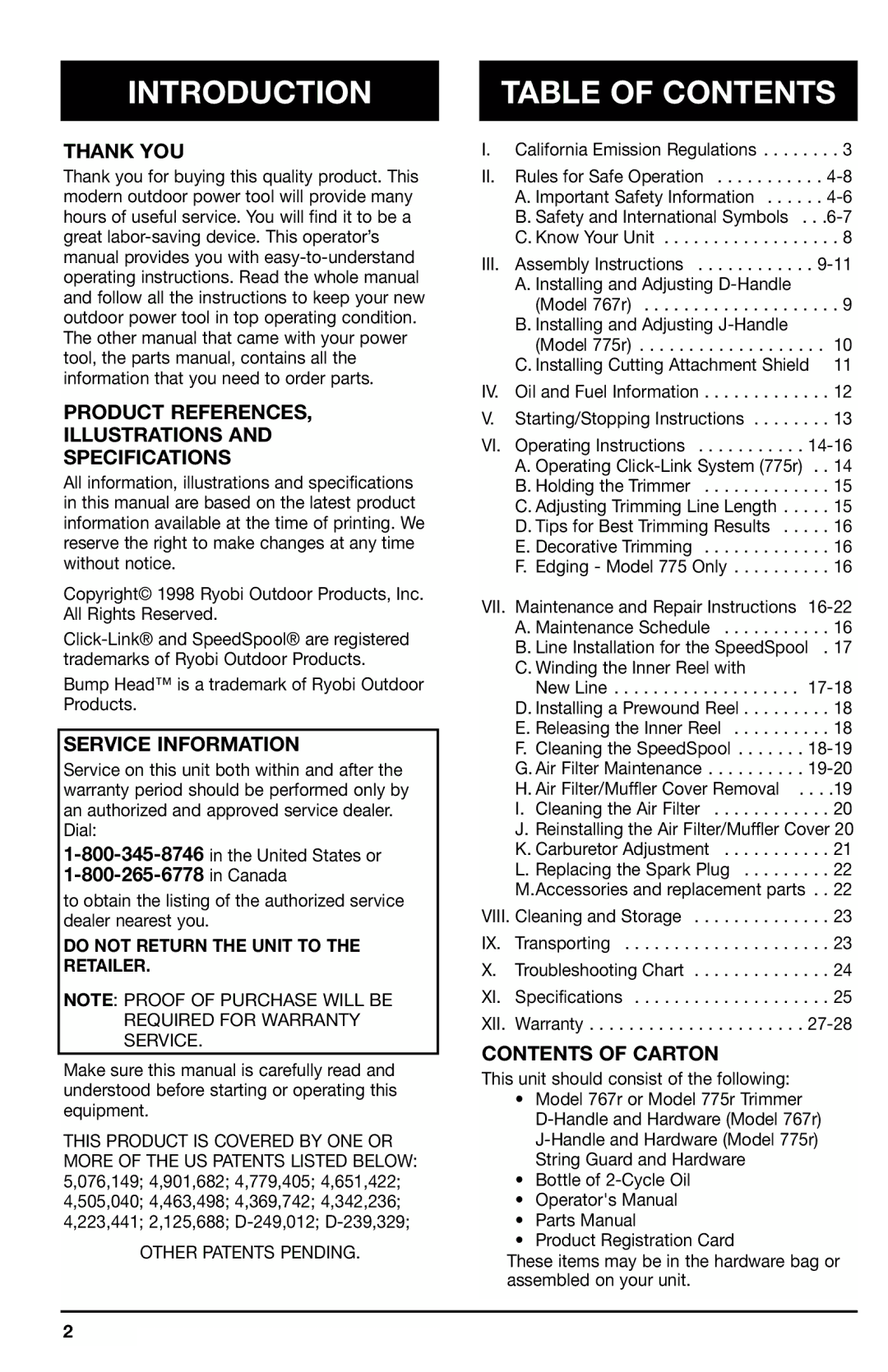 Ryobi 775r, 767r manual Introduction, Table of Contents 