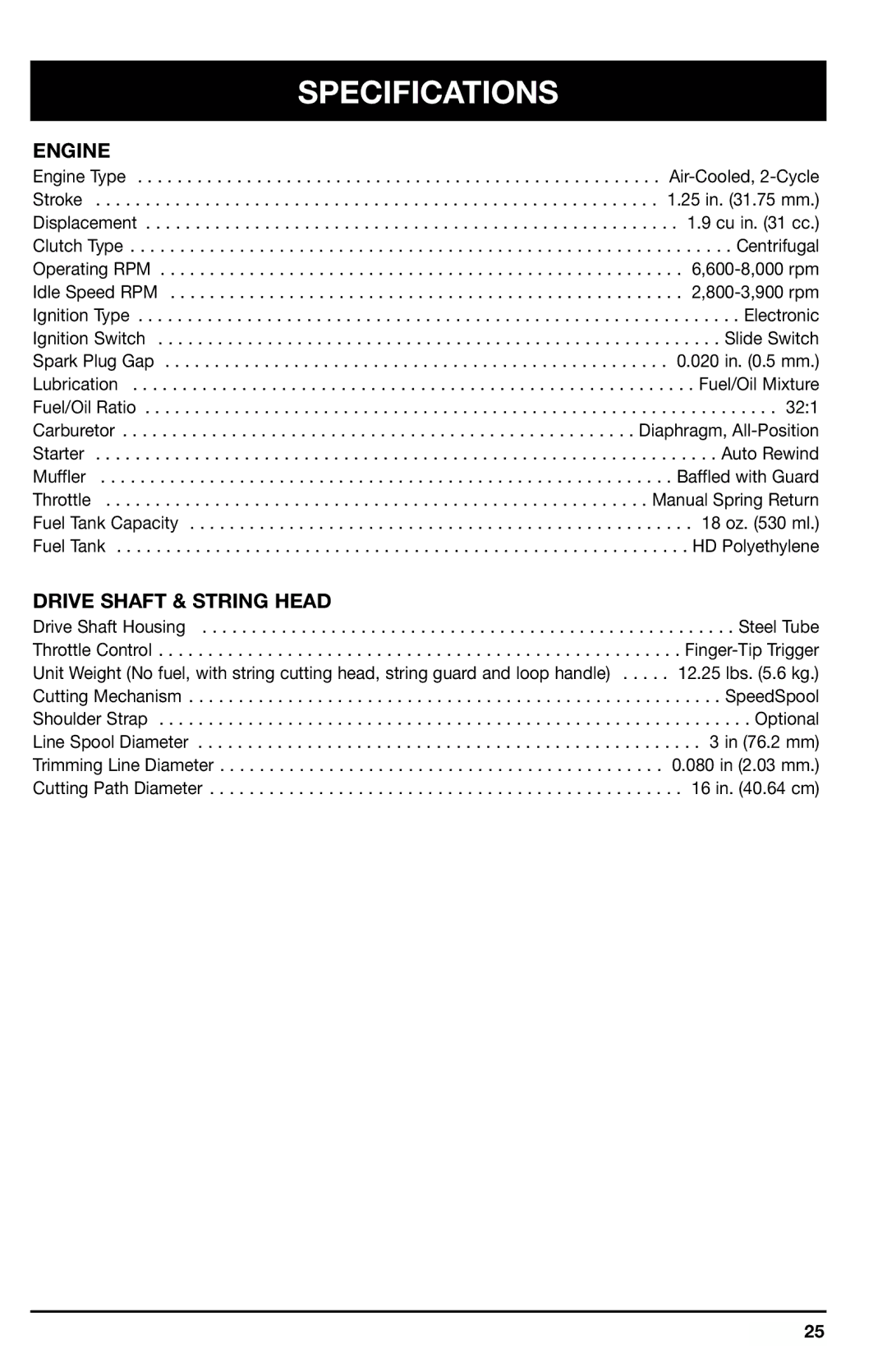 Ryobi 767r, 775r manual Specifications, Engine, Drive Shaft & String Head 