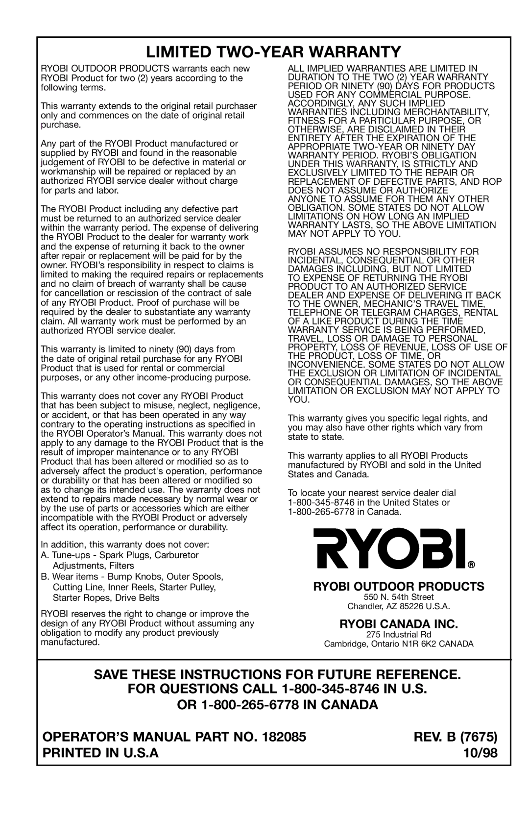 Ryobi 775r, 767r manual Ryobi Outdoor Products, Ryobi Canada INC 