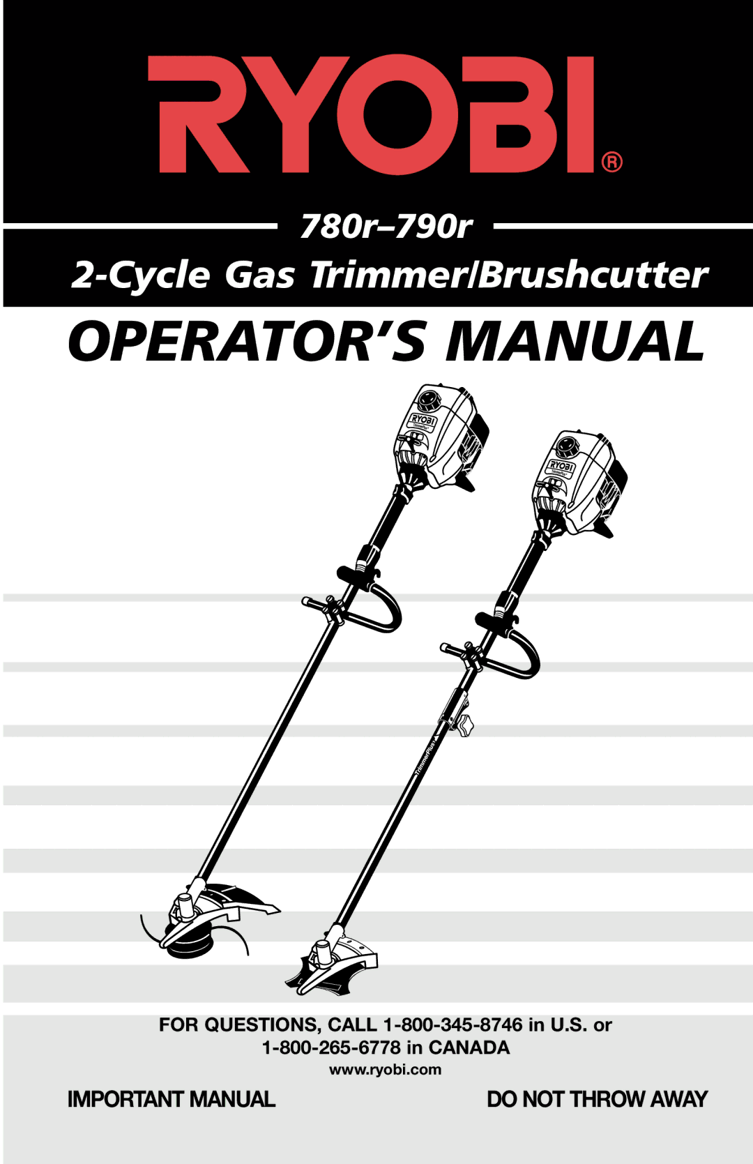 Ryobi 780r manual OPERATOR’S Manual 