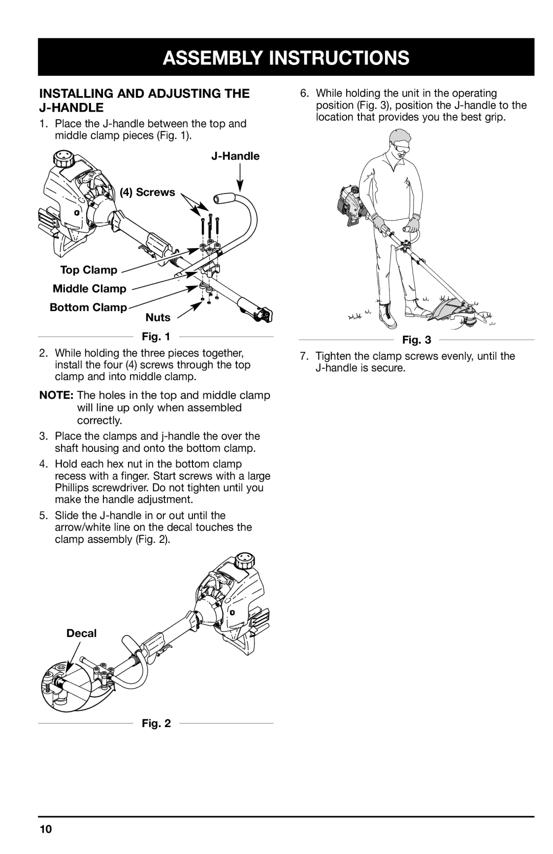 Ryobi 780r manual Assembly Instructions, Installing and Adjusting the J-HANDLE, Decal 