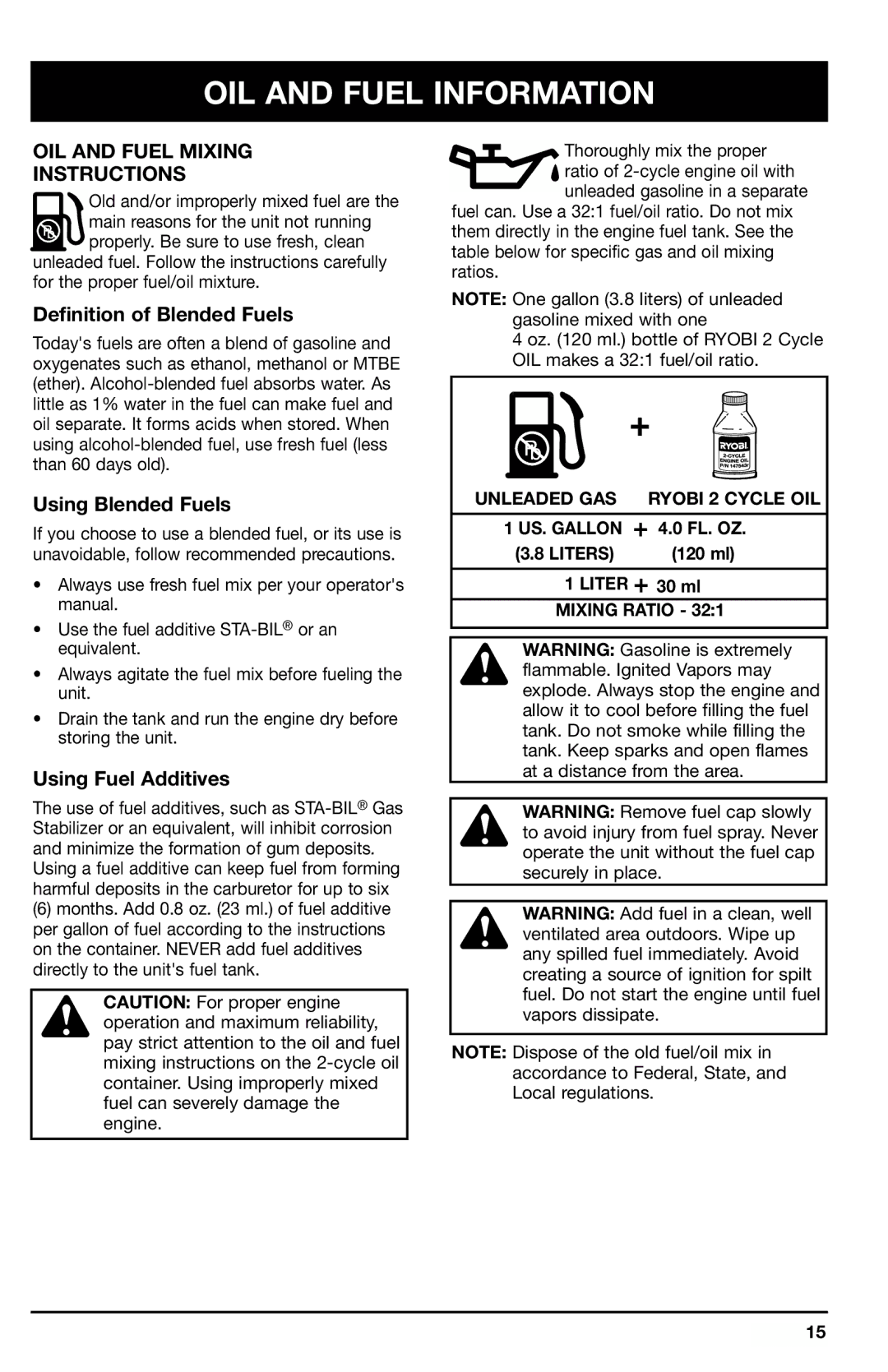 Ryobi 780r OIL and Fuel Information, OIL and Fuel Mixing Instructions, Definition of Blended Fuels, Using Blended Fuels 