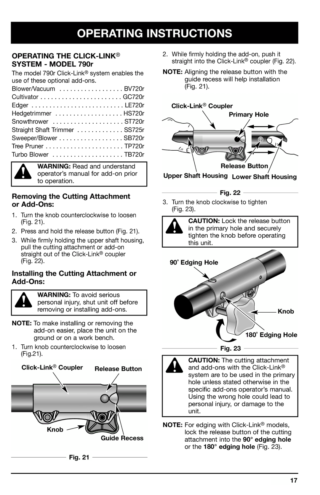 Ryobi 780r Operating Instructions, Operating the CLICK-LINK, System Model 790r, Removing the Cutting Attachment or Add-Ons 