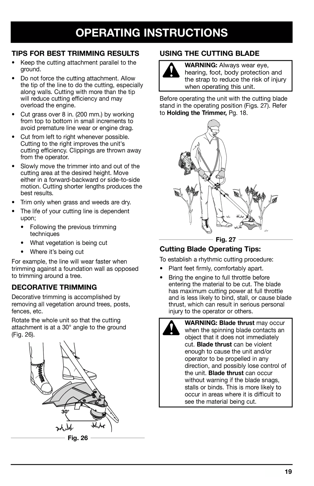 Ryobi 780r manual Tips for Best Trimming Results Using the Cutting Blade, Decorative Trimming, Cutting Blade Operating Tips 