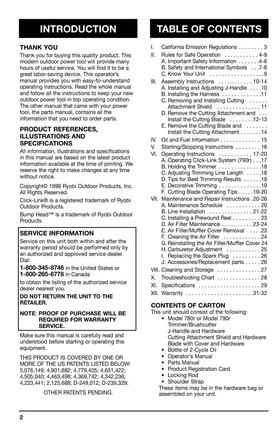 Ryobi 780r manual Introduction, Table of Contents 