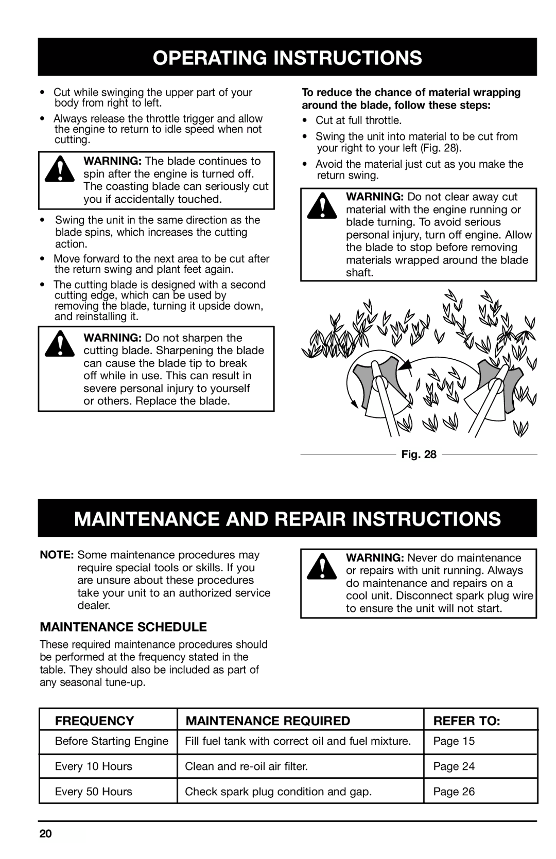 Ryobi 780r manual Maintenance and Repair Instructions, Maintenance Schedule, Frequency Maintenance Required Refer to 