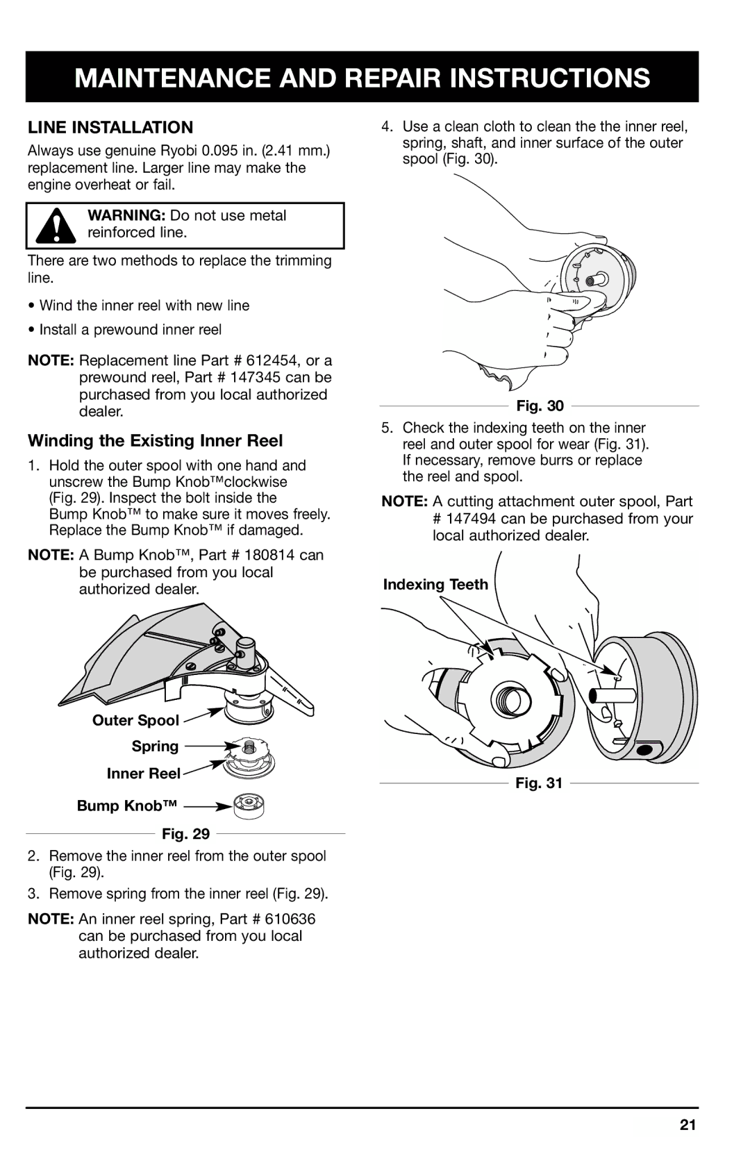 Ryobi 780r Line Installation, Winding the Existing Inner Reel, Outer Spool Spring Inner Reel Bump Knob, Indexing Teeth 