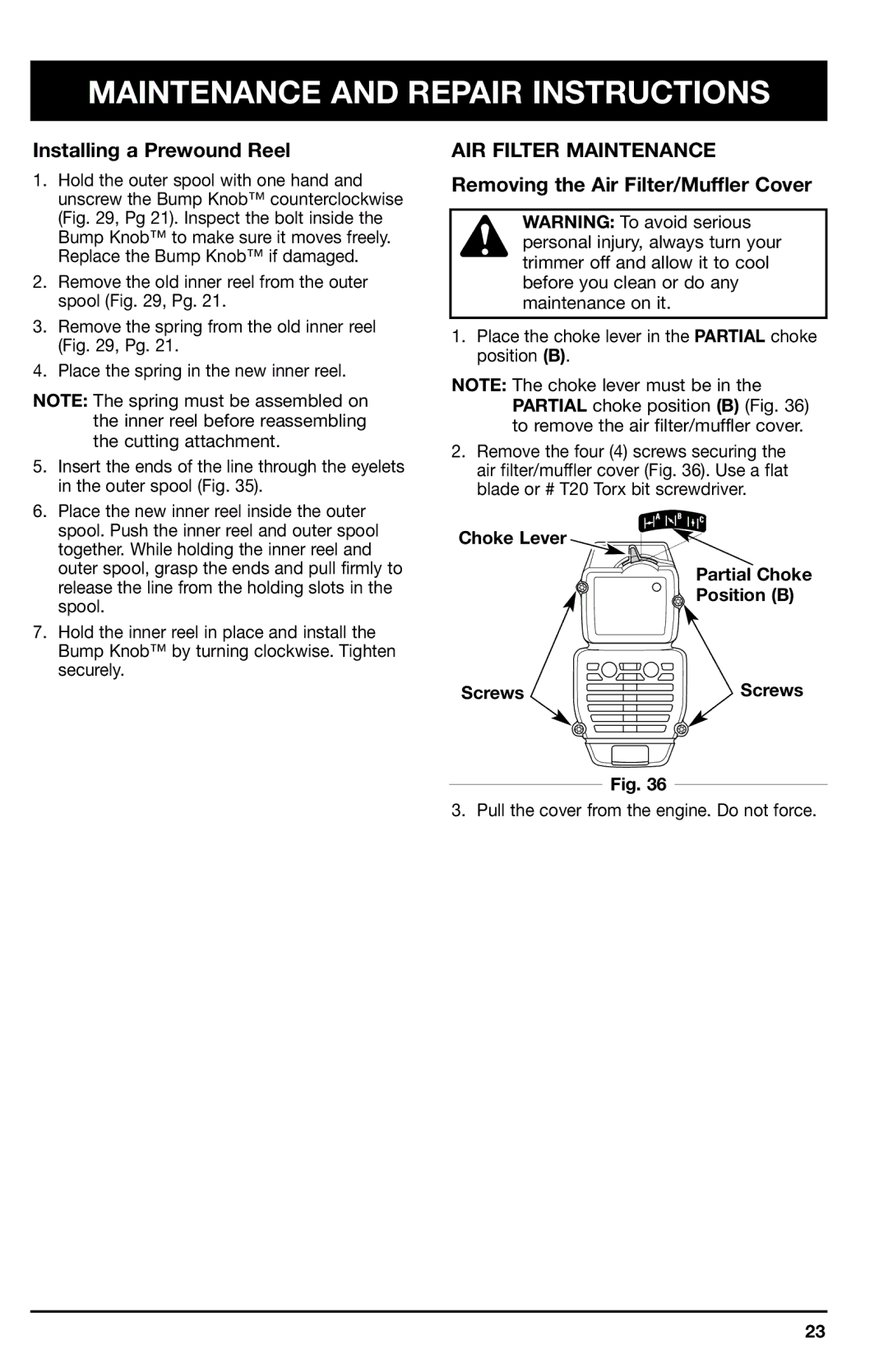 Ryobi 780r manual Installing a Prewound Reel, AIR Filter Maintenance, Removing the Air Filter/Muffler Cover 