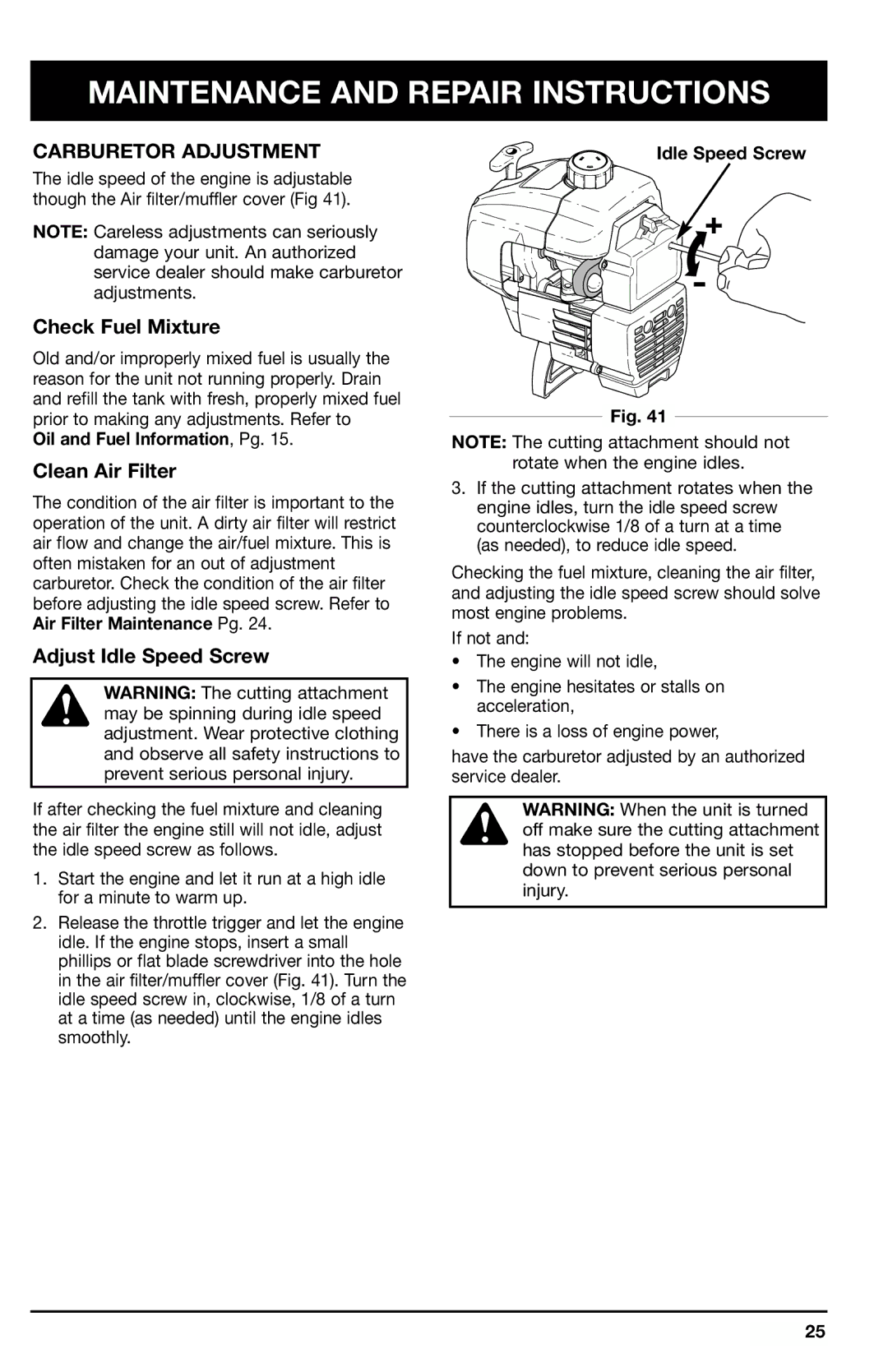 Ryobi 780r manual Carburetor Adjustment, Check Fuel Mixture, Clean Air Filter, Adjust Idle Speed Screw 