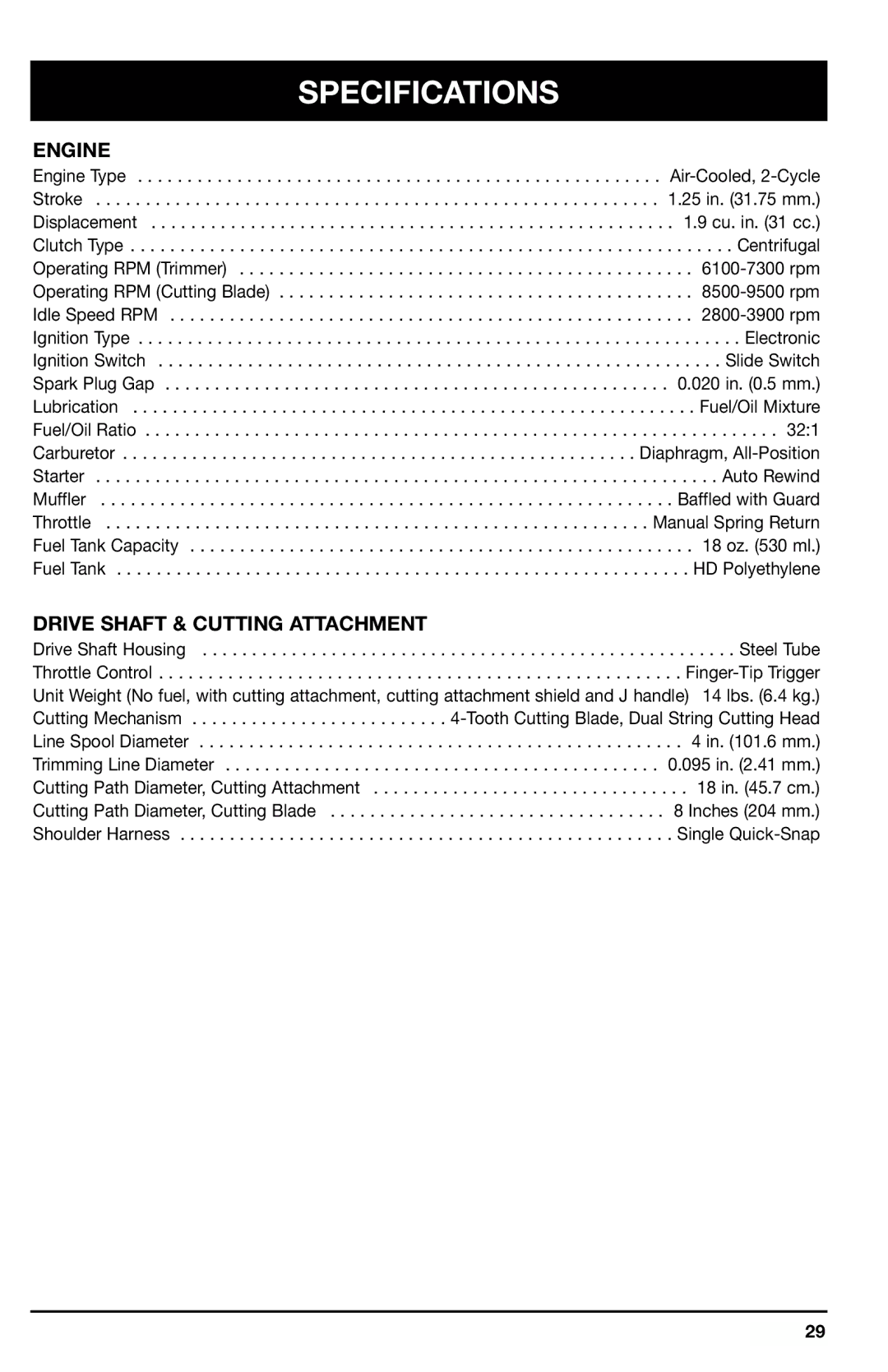 Ryobi 780r manual Specifications, Engine, Drive Shaft & Cutting Attachment 