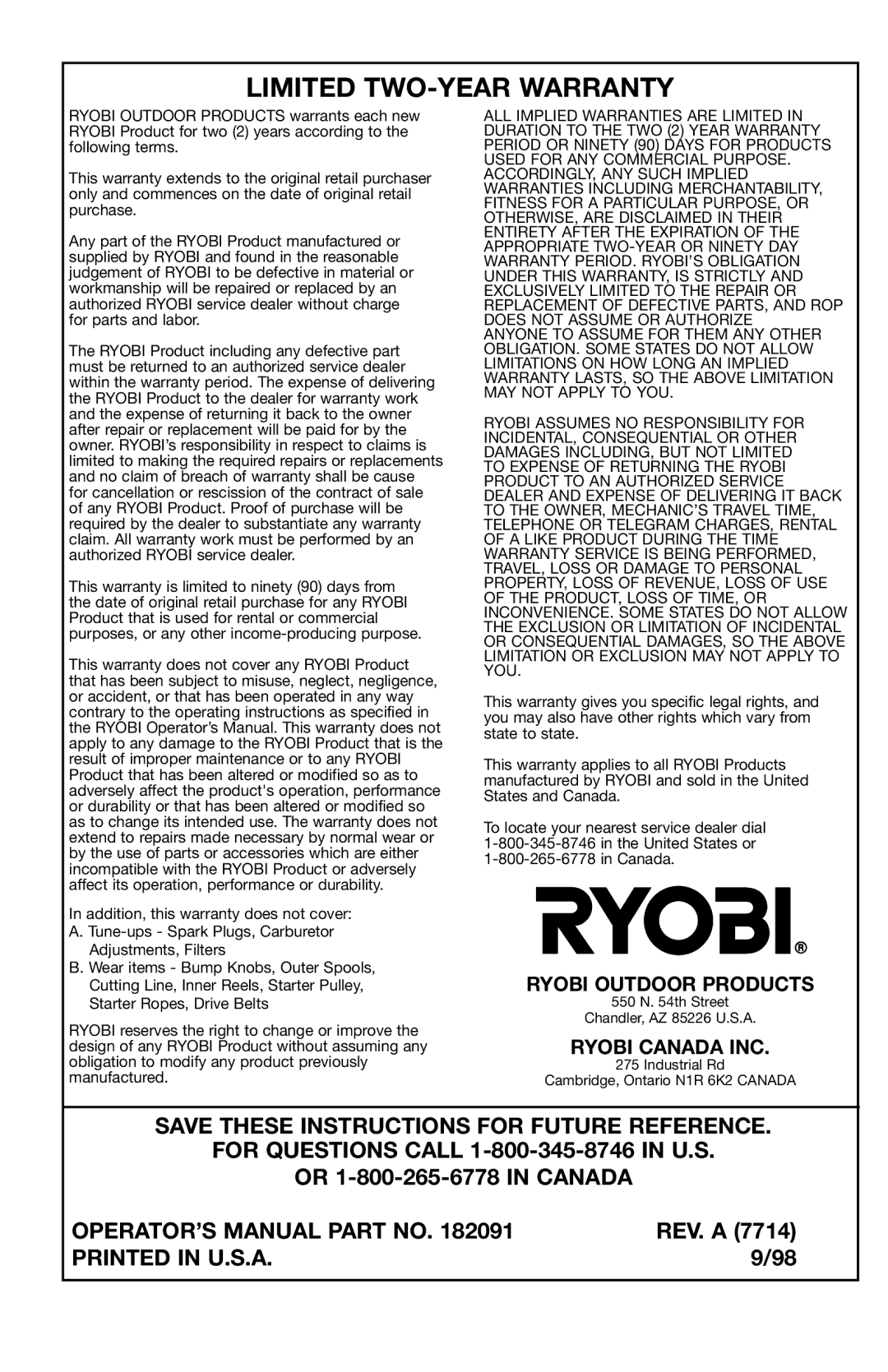 Ryobi 780r manual Ryobi Outdoor Products, Ryobi Canada INC 