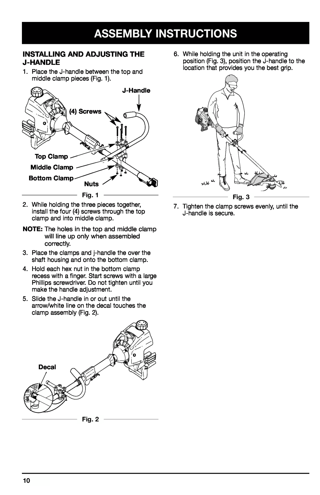Ryobi 780r manual Assembly Instructions, Installing And Adjusting The J-Handle, Decal 