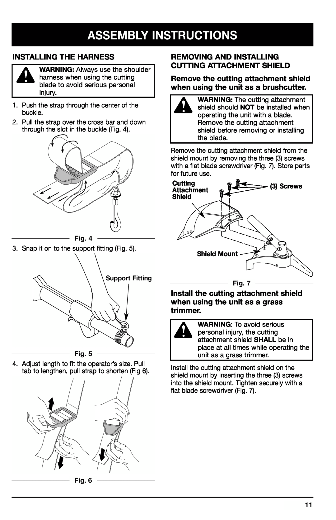 Ryobi 780r Installing The Harness, Removing And Installing Cutting Attachment Shield, Shield Mount, Assembly Instructions 