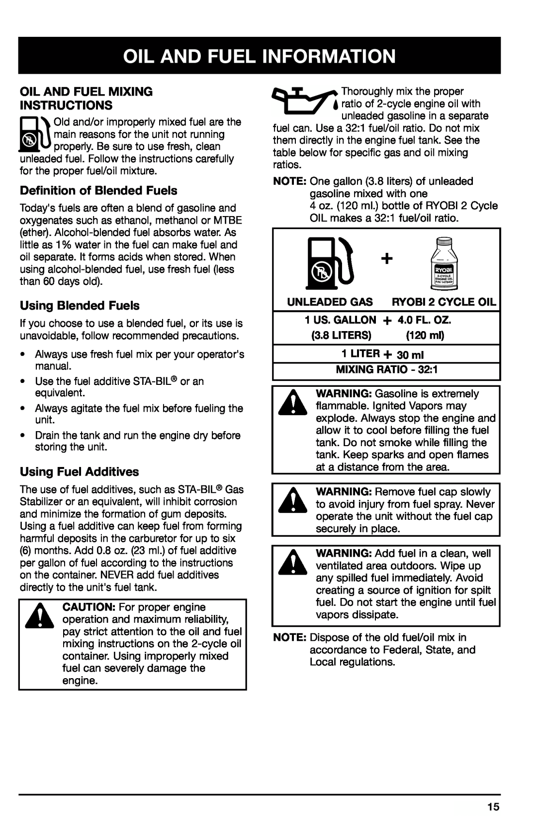 Ryobi 780r Oil And Fuel Information, Oil And Fuel Mixing Instructions, Definition of Blended Fuels, Using Blended Fuels 