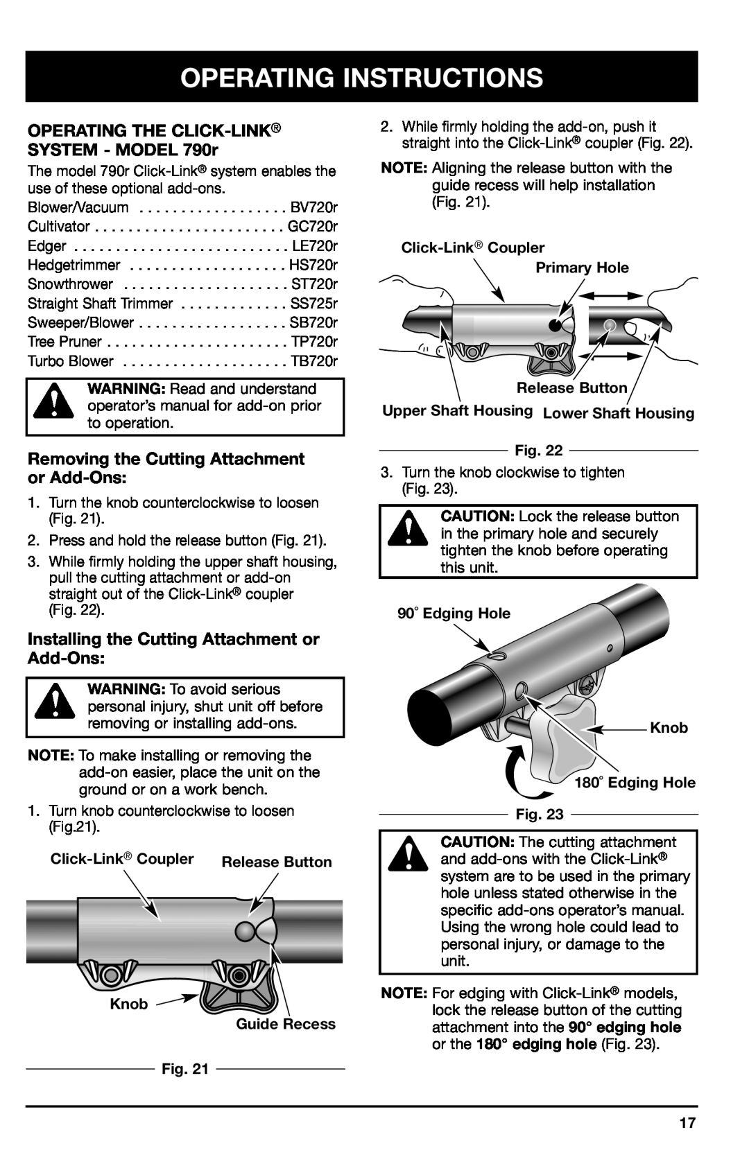 Ryobi 780r Operating Instructions, OPERATING THE CLICK-LINK SYSTEM - MODEL 790r, Click-Link Coupler, Knob Guide Recess 