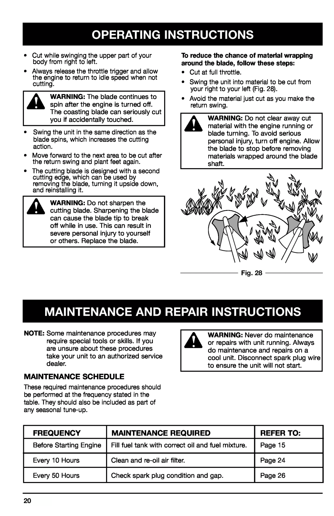 Ryobi 780r manual Maintenance And Repair Instructions, Maintenance Schedule, Frequency, Maintenance Required, Refer To 