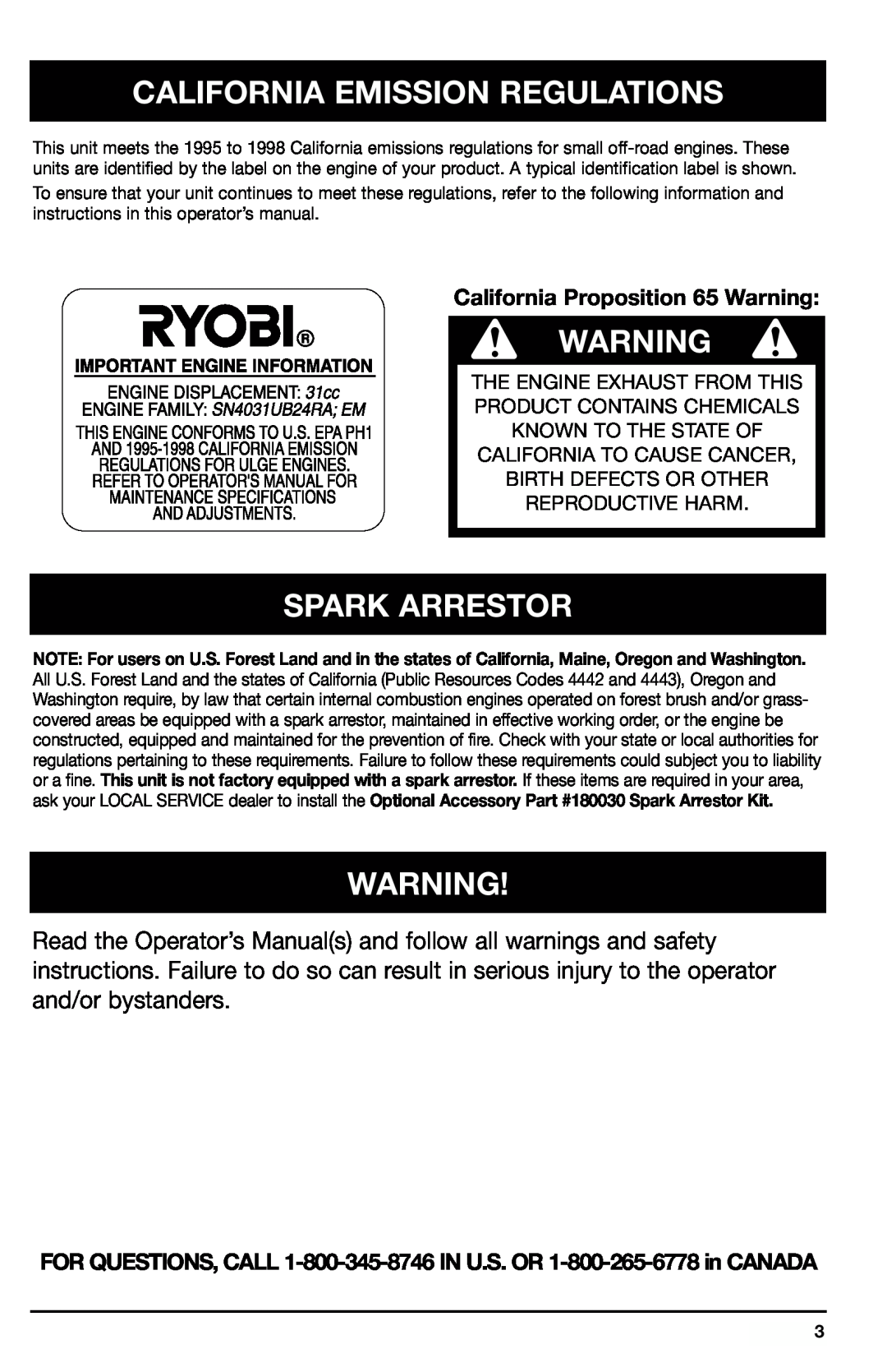 Ryobi 780r California Emission Regulations, Spark Arrestor, California Proposition 65 Warning, California To Cause Cancer 