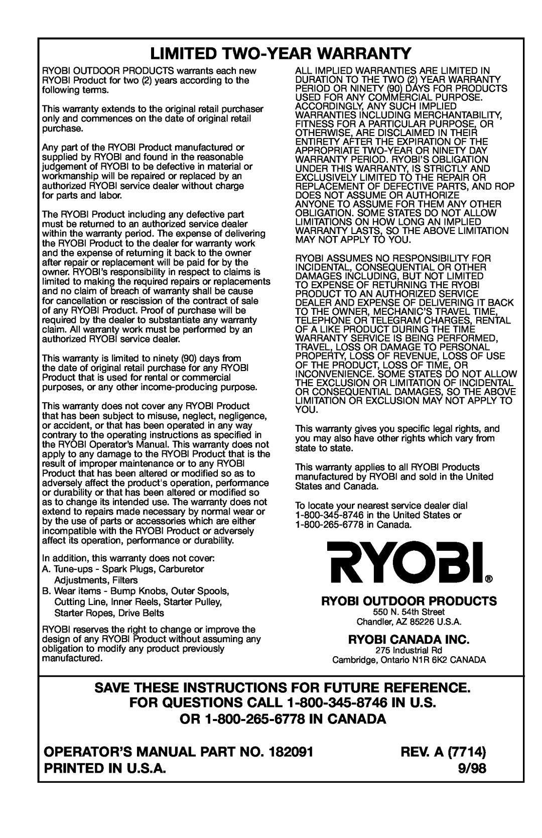 Ryobi 780r Limited Two-Year Warranty, Save These Instructions For Future Reference, Operator’S Manual Part No, Rev. A 