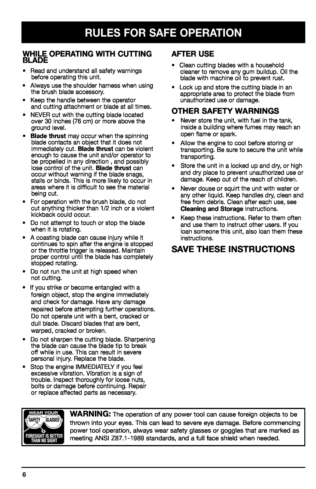 Ryobi 780r manual Save These Instructions, While Operating With Cutting Blade, After Use, Other Safety Warnings 