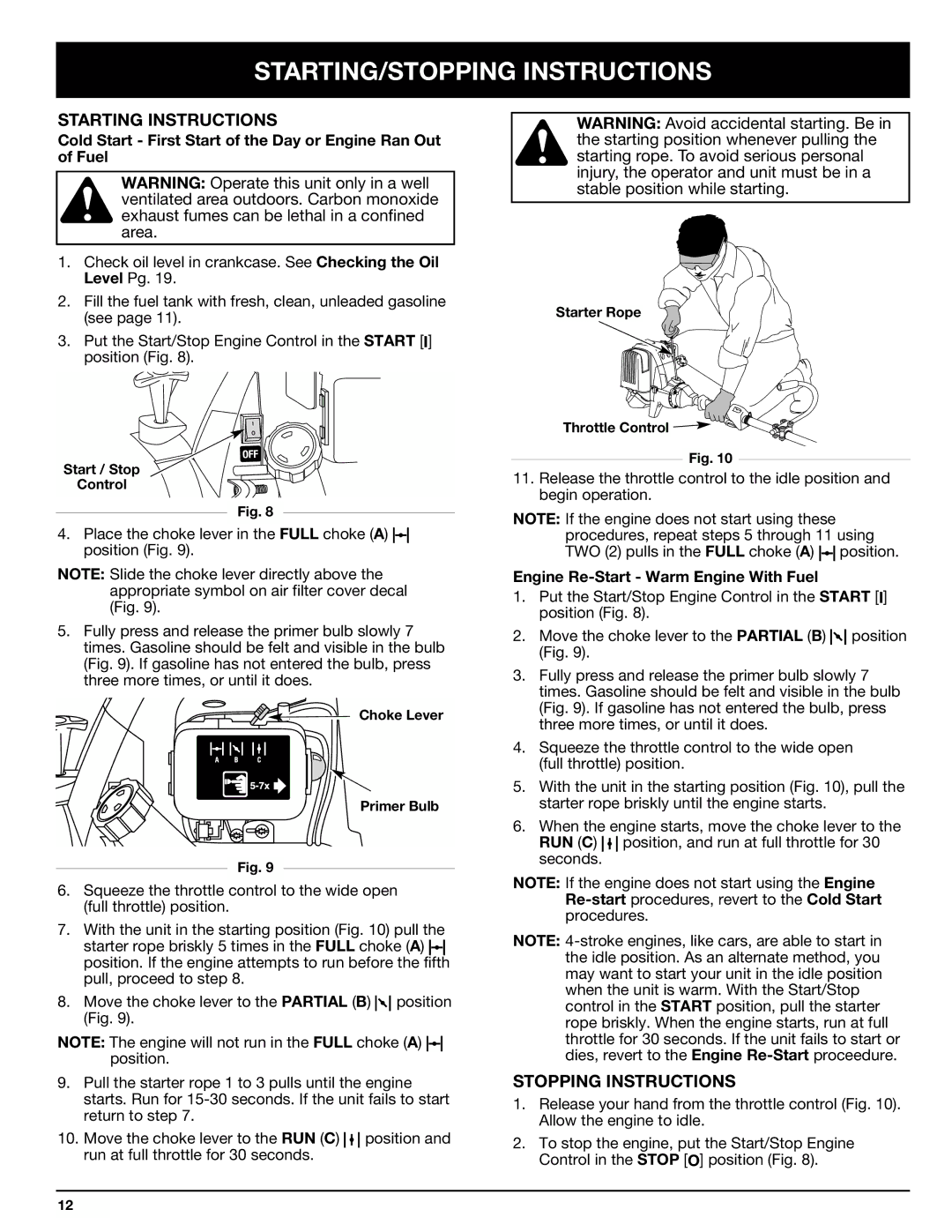 Ryobi 825r manual STARTING/STOPPING Instructions, Starting Instructions, Stopping Instructions 