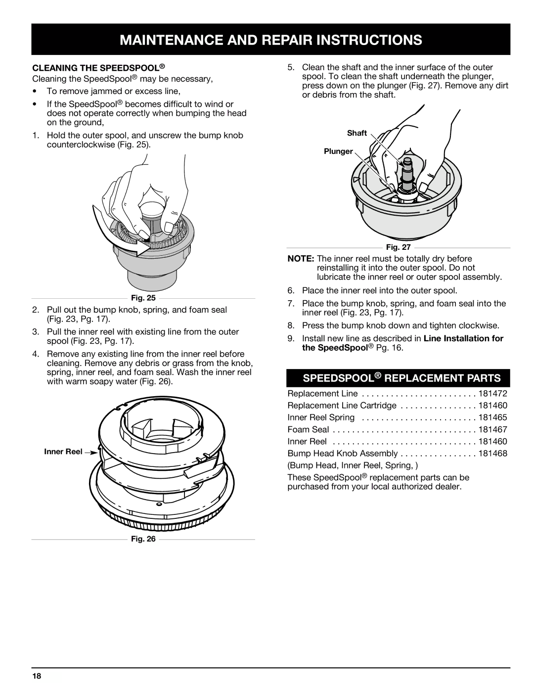 Ryobi 825r manual Speedspool Replacement Parts, Cleaning the Speedspool 