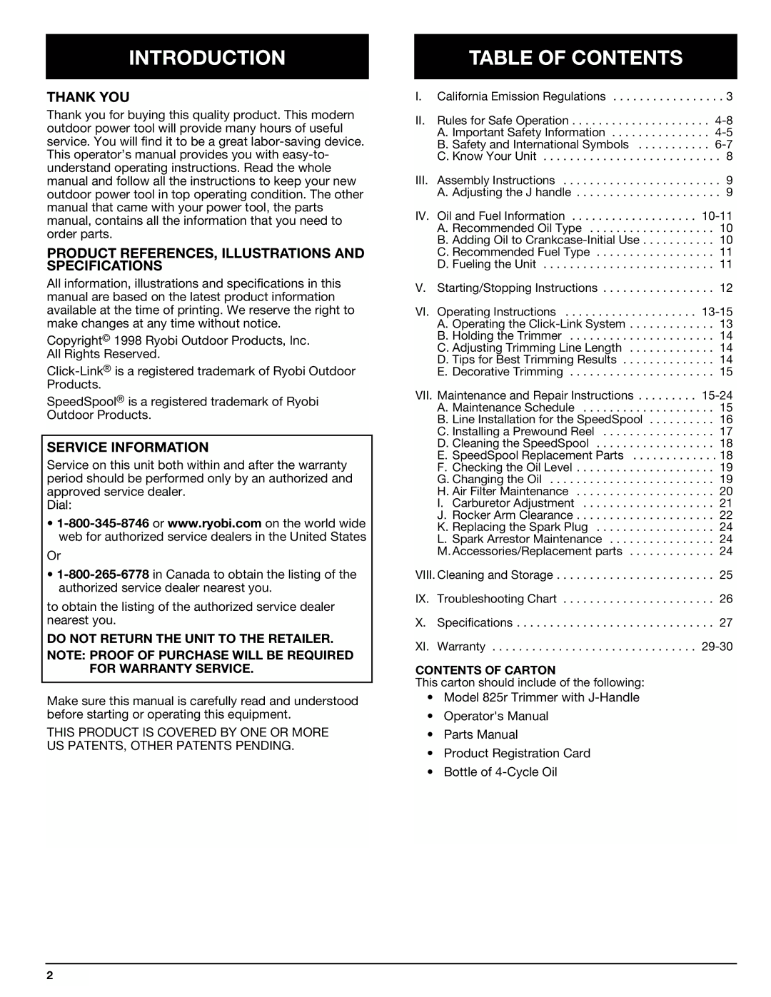 Ryobi 825r manual Introduction, Table of Contents 