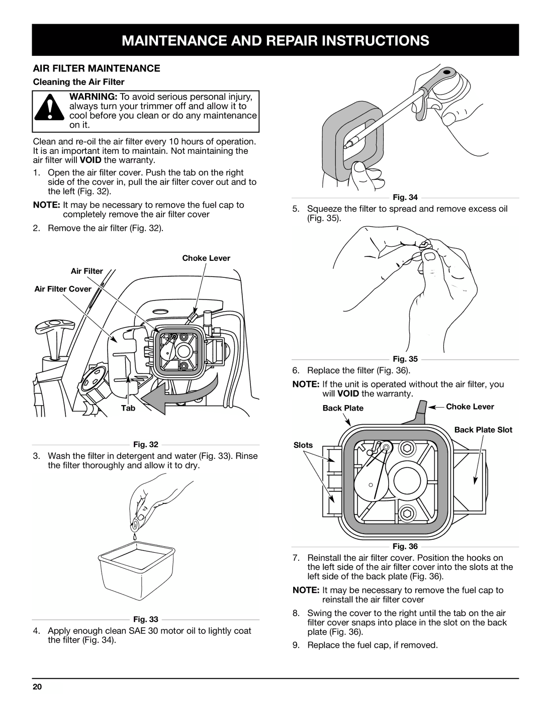 Ryobi 825r manual AIR Filter Maintenance, Cleaning the Air Filter 