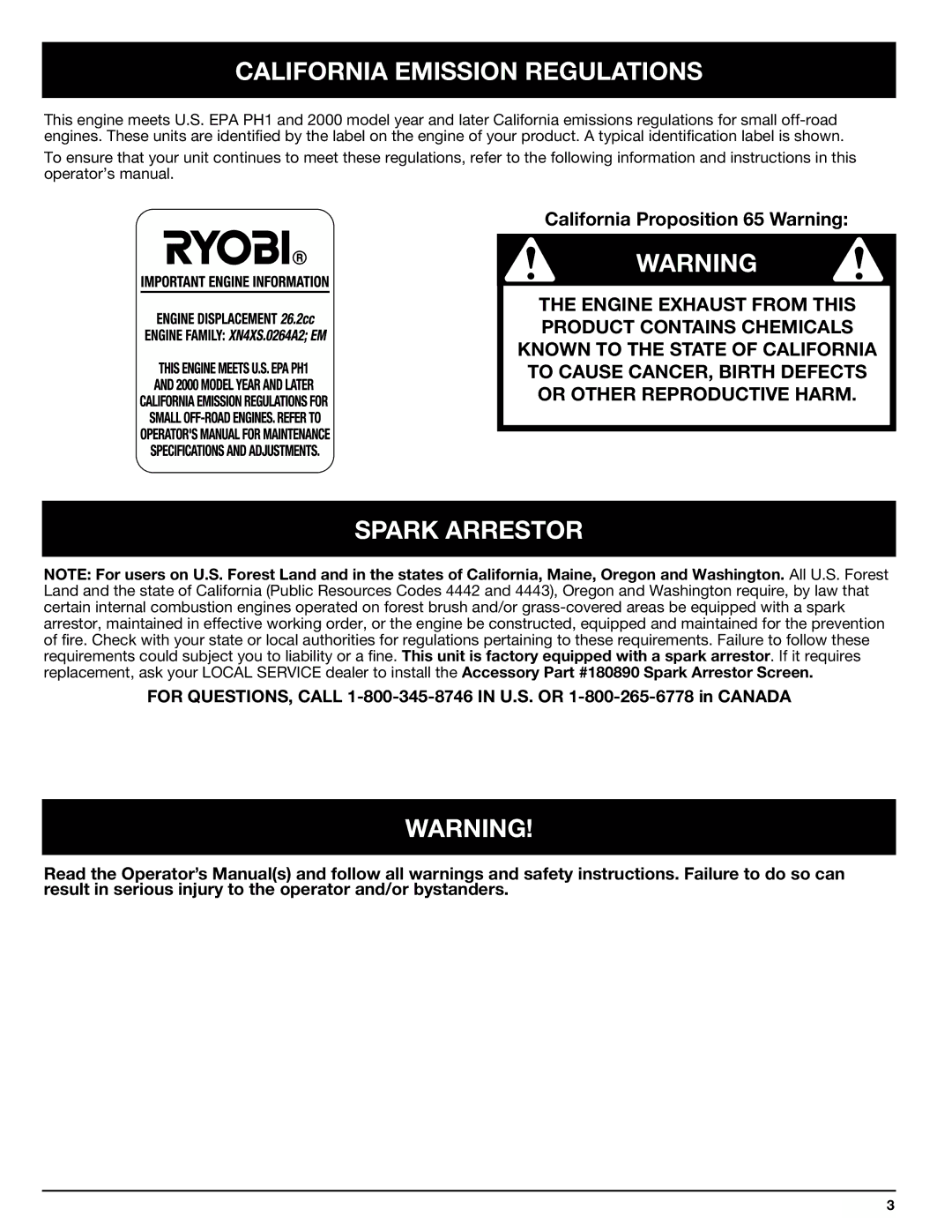 Ryobi 825r manual California Emission Regulations, Spark Arrestor 