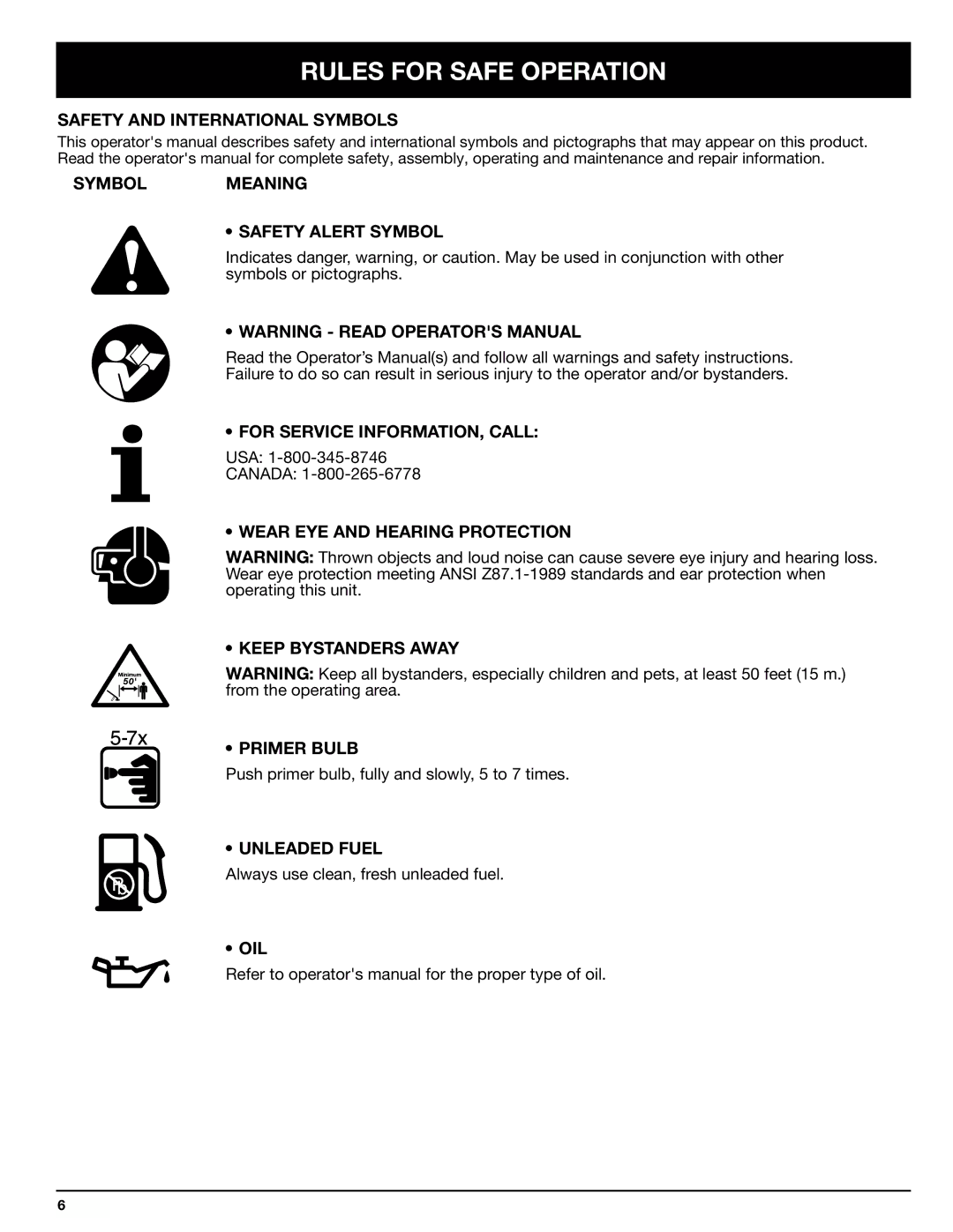 Ryobi 825r manual Safety and International Symbols, Symbolmeaning Safety Alert Symbol, For Service INFORMATION, Call, Oil 