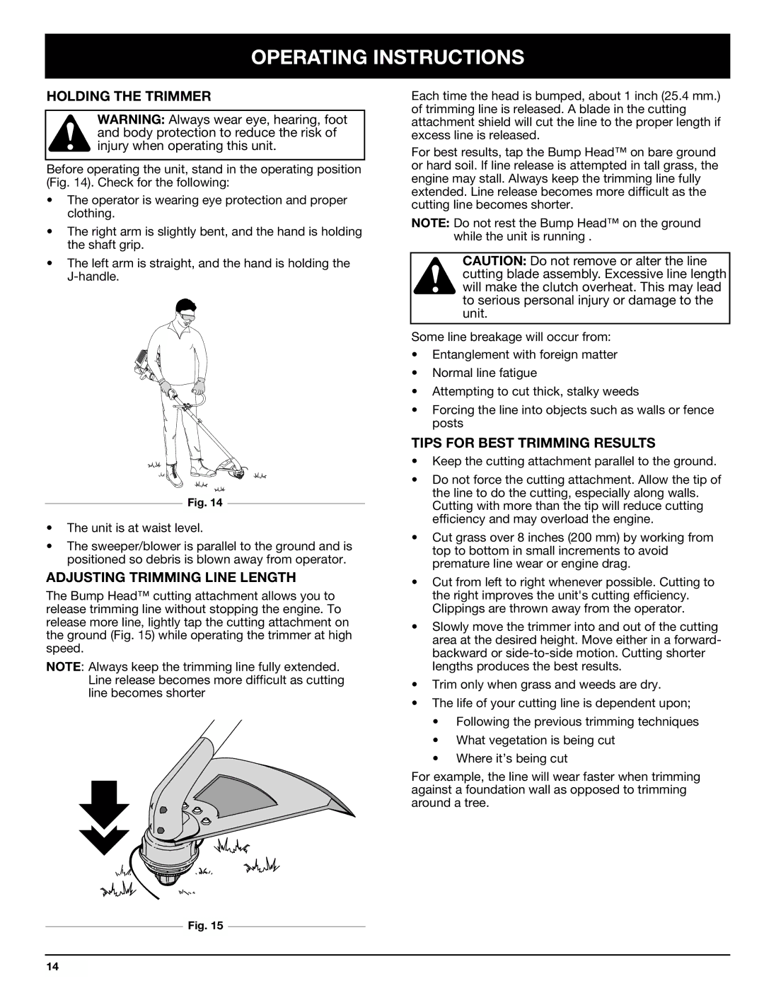 Ryobi 875r manual Holding the Trimmer, Adjusting Trimming Line Length, Tips for Best Trimming Results 