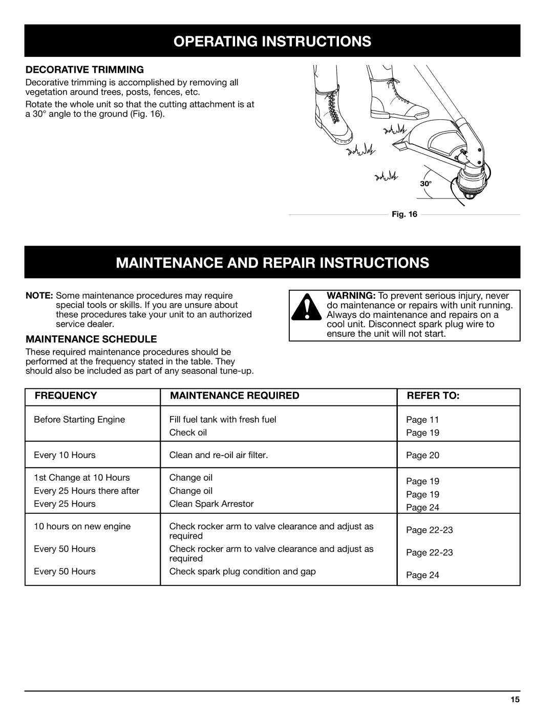 Ryobi 875r manual Maintenance and Repair Instructions, Decorative Trimming, Maintenance Schedule 