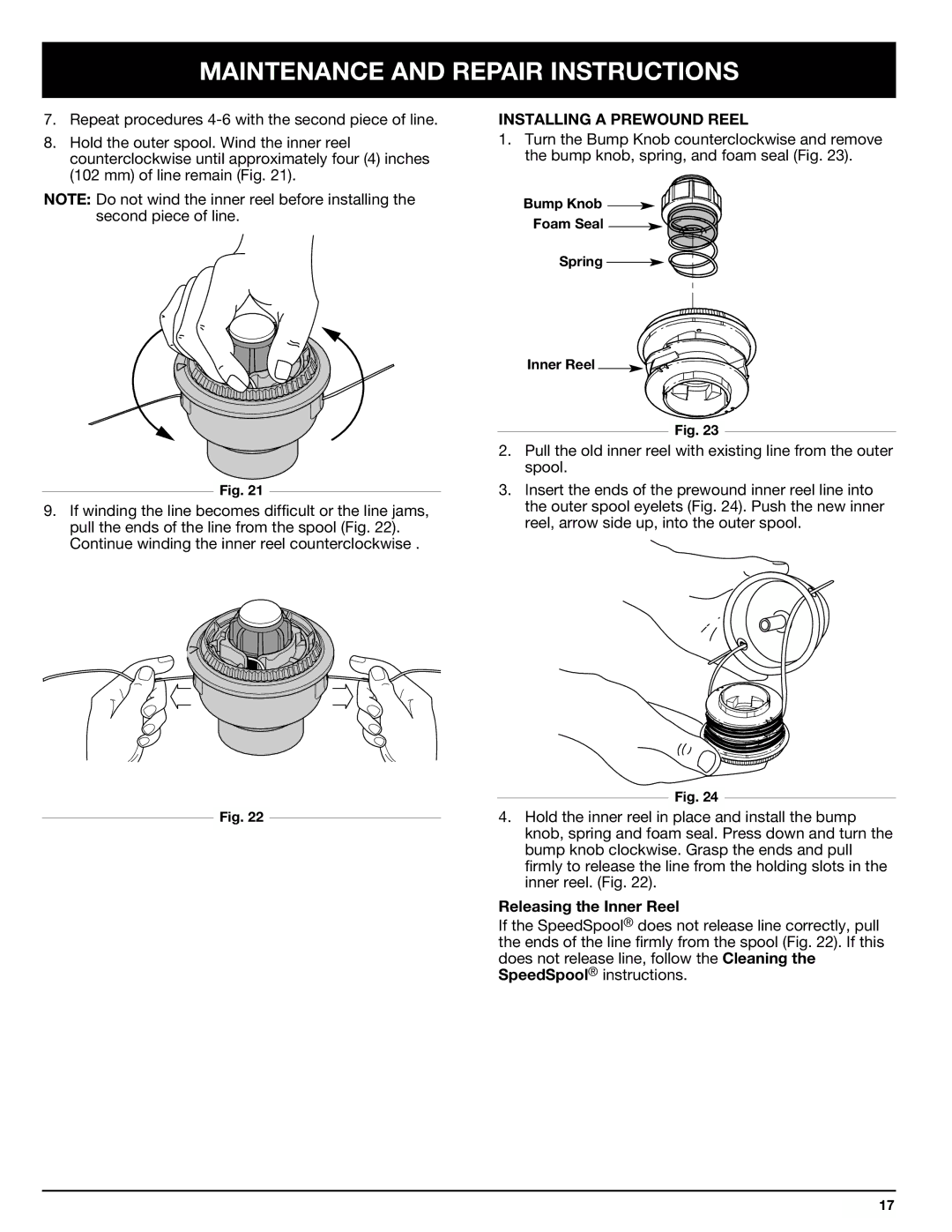 Ryobi 875r manual Installing a Prewound Reel, Releasing the Inner Reel 