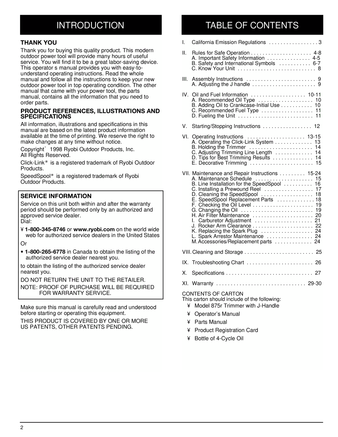 Ryobi 875r manual Introduction, Table of Contents 